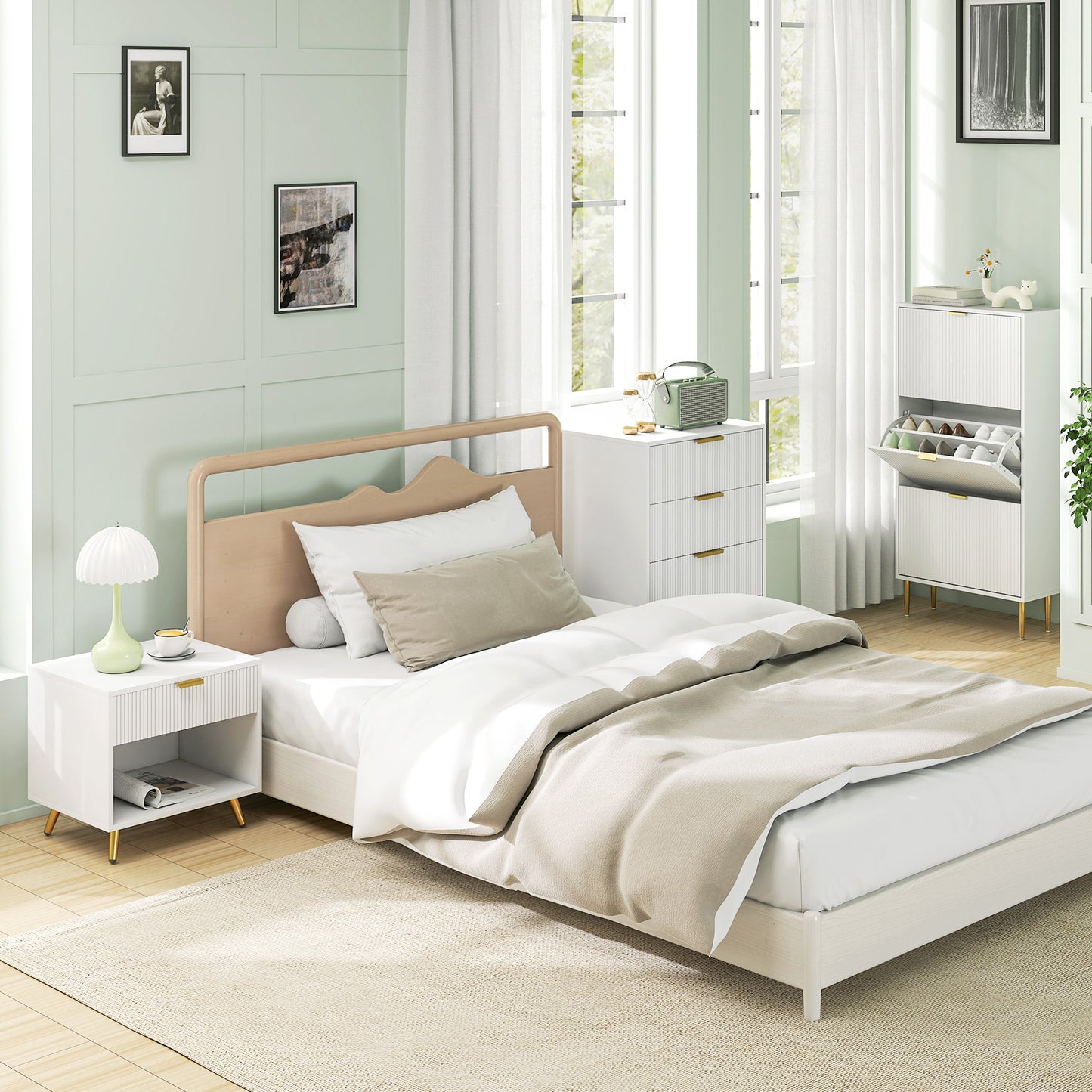 HOMCOM Elegant Bedside Table With Drawer And Shelf Two Tone White And Gold Ribbed Drawer Front Finish
