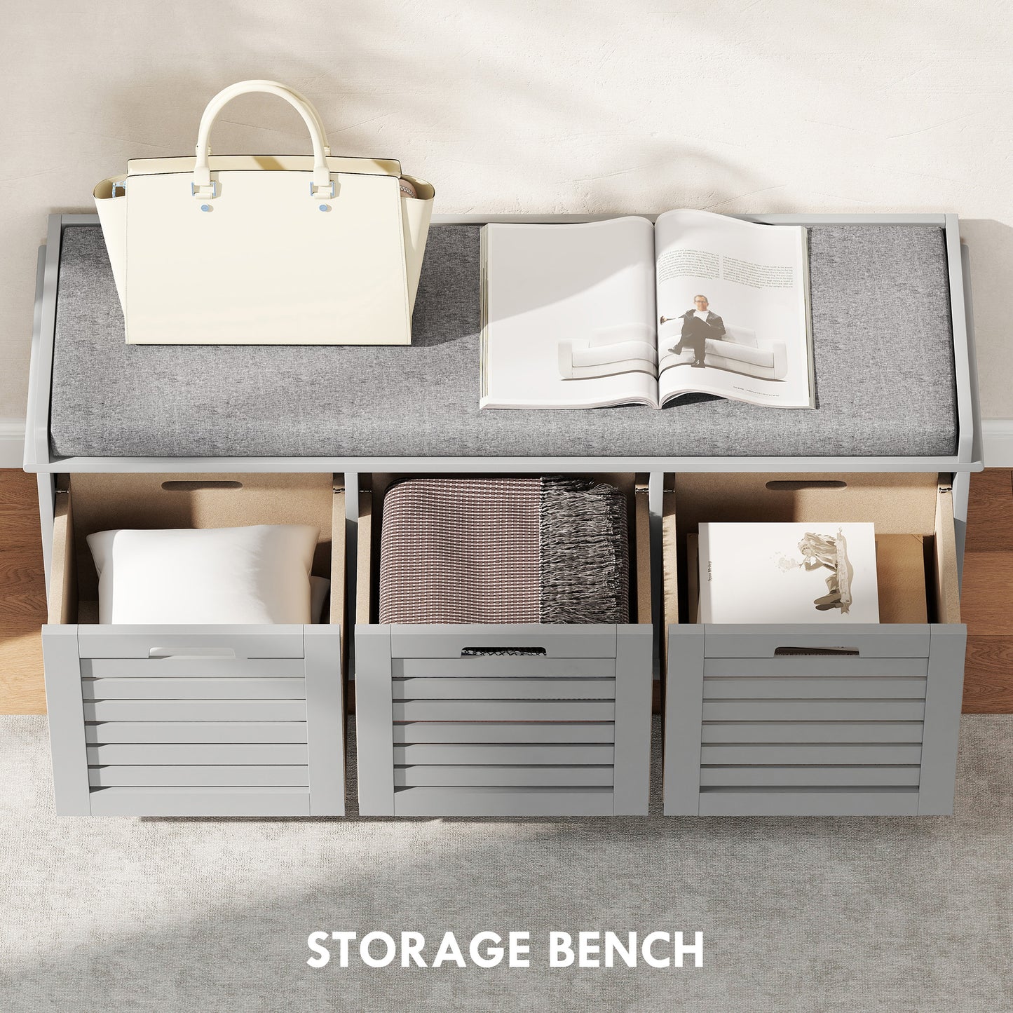 HOMCOM Three Compartment Shoe Storage Bench With Cushioned Top In Grey For Entryway Hallway