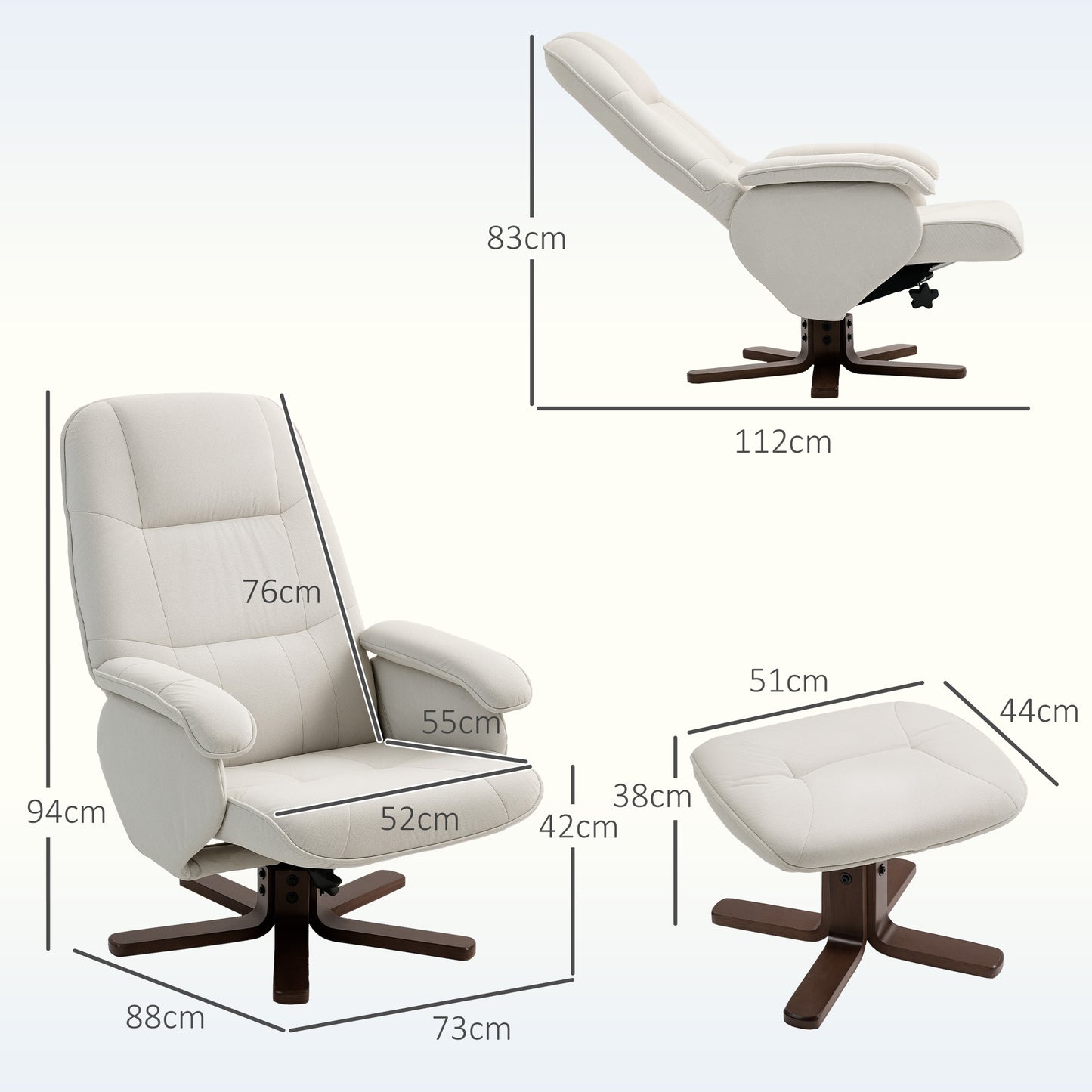 HOMCOM Linen Swivel Recliner Chair With Footstool Upholstered Armchair With Wooden Base Beige