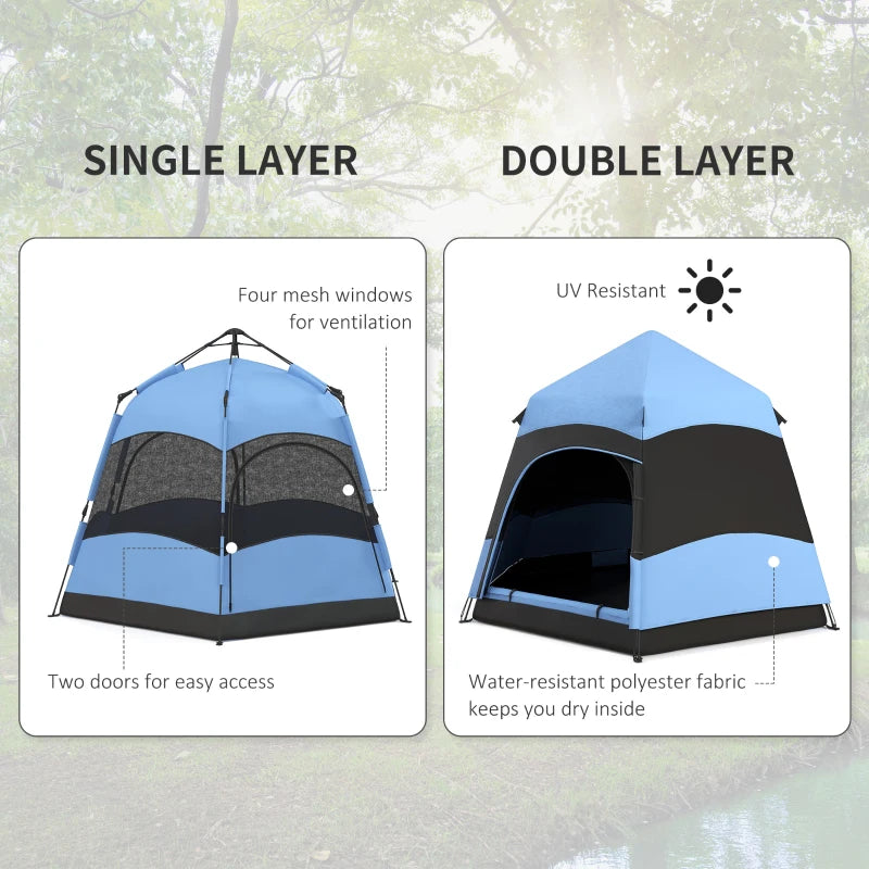 Outsunny 4-Man Hexagon Double Layer Dome Tent with Rainfly and Welded Floor - Portable Camping Shelter for Festival, Hiking, and Family Adventures - Blue and Black - Includes Hang Hook and Ca - ALL4U RETAILER LTD