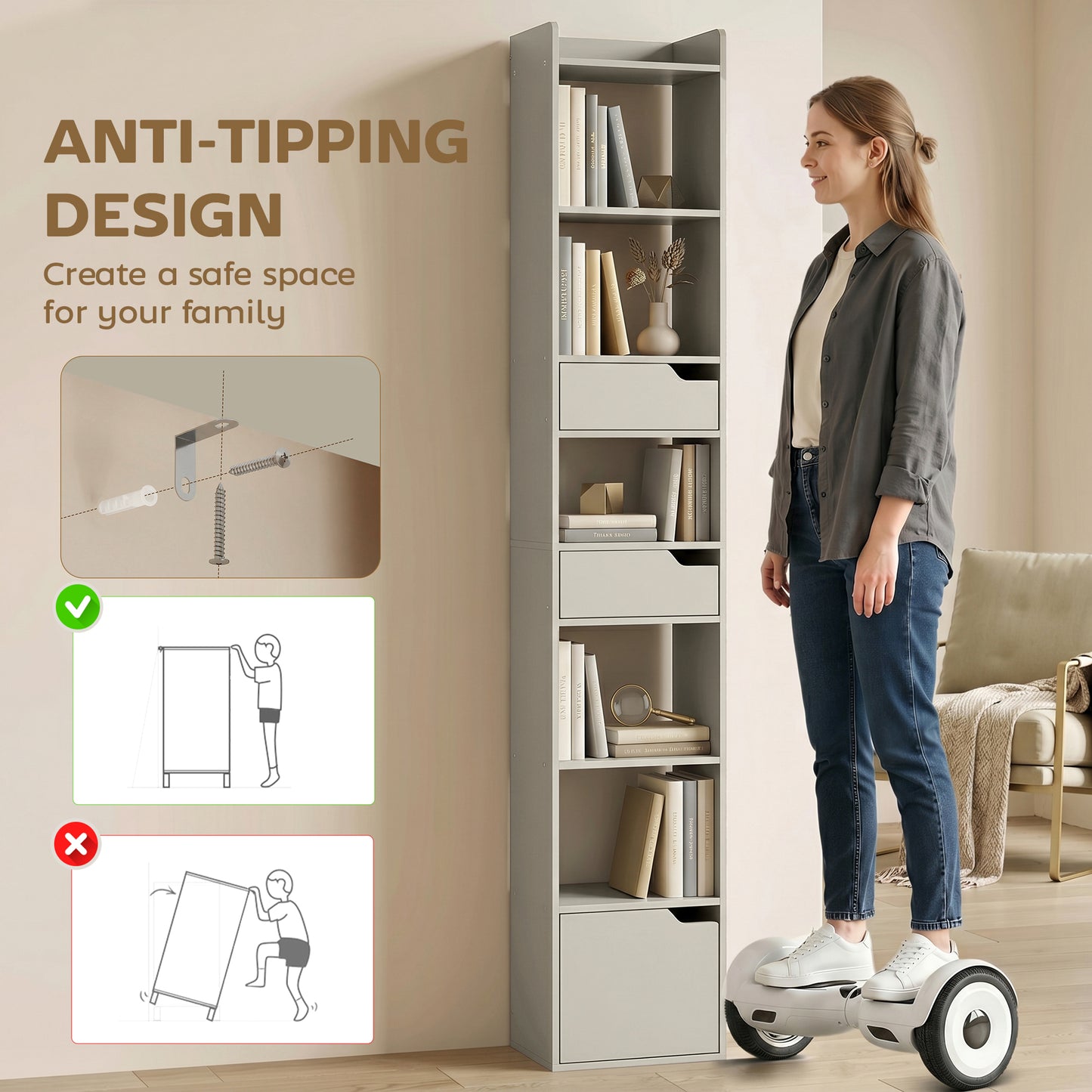 HOMCOM Tall Narrow Bookcase With 5 Tiers And Drawers Freestanding Storage Cabinet For Living Room Grey