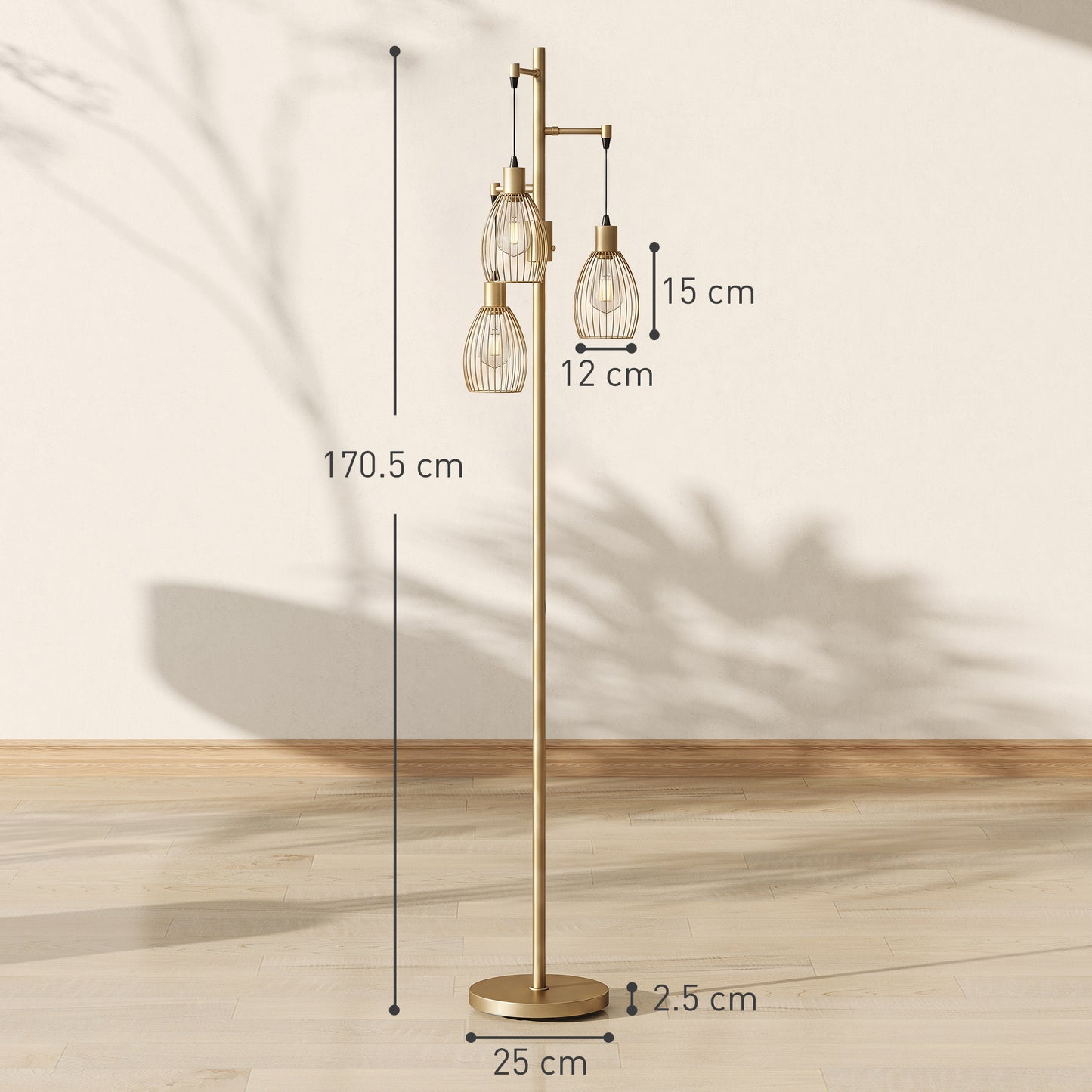 HOMCOM Industrial Dimmable 3 Light Floor Lamp With Steel Wire Cage Lampshades In Gold Tone 170cm Tall