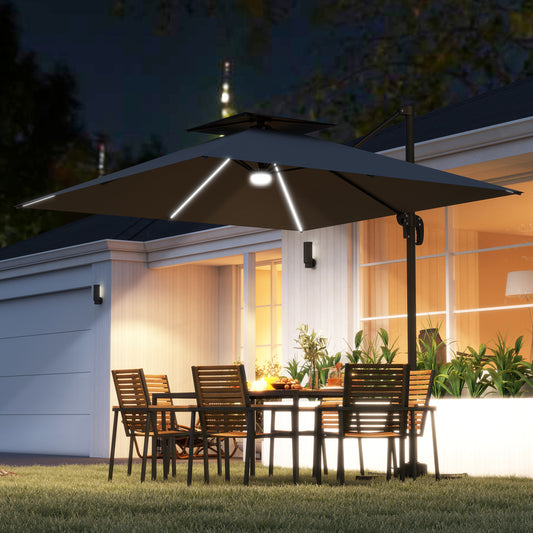Outsunny 2.5m Cantilever Parasol With Solar LED Lights 360 Degree Rotation Tilt Adjustment Crank Handle Dark Grey