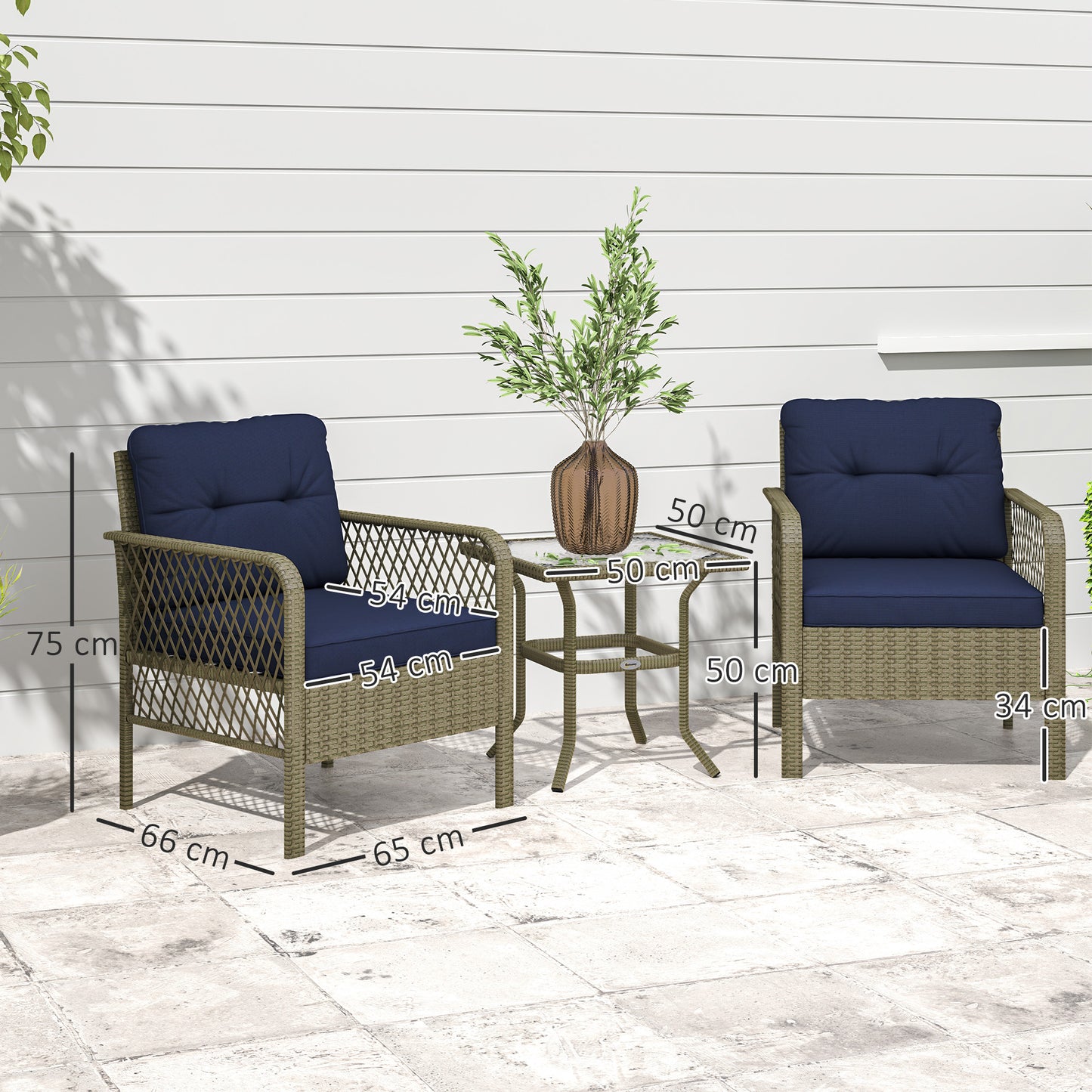 Outsunny 3 Piece Rattan Bistro Set With Glass Top Coffee Table Cushioned Chairs For Outdoor Patio Balcony Charcoal Grey