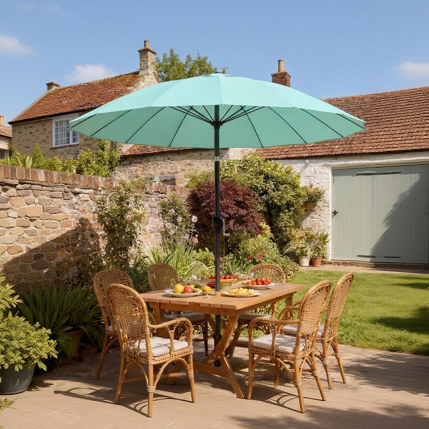 Outsunny 2m Shanghai Garden Parasol Umbrella With 16 Fibreglass Ribs Turquoise Crank Tilt Sun Shade