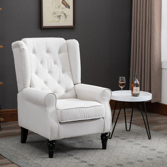 HOMCOM Accent Armchair Home Furniture Retro Tufted Club Wood Fabric Cream White - ALL4U RETAILER LTD