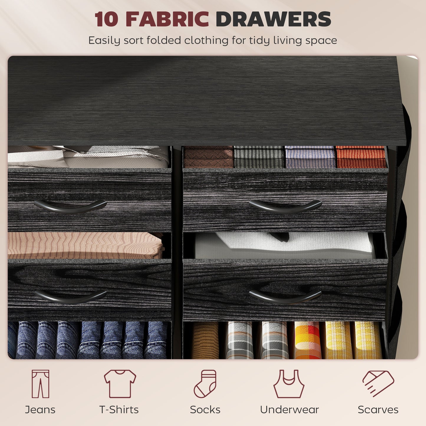HOMCOM Fabric Chest of Ten Drawers with Steel Frame Black Six Small and Four Large Drawers, Four Pockets and Two Hooks