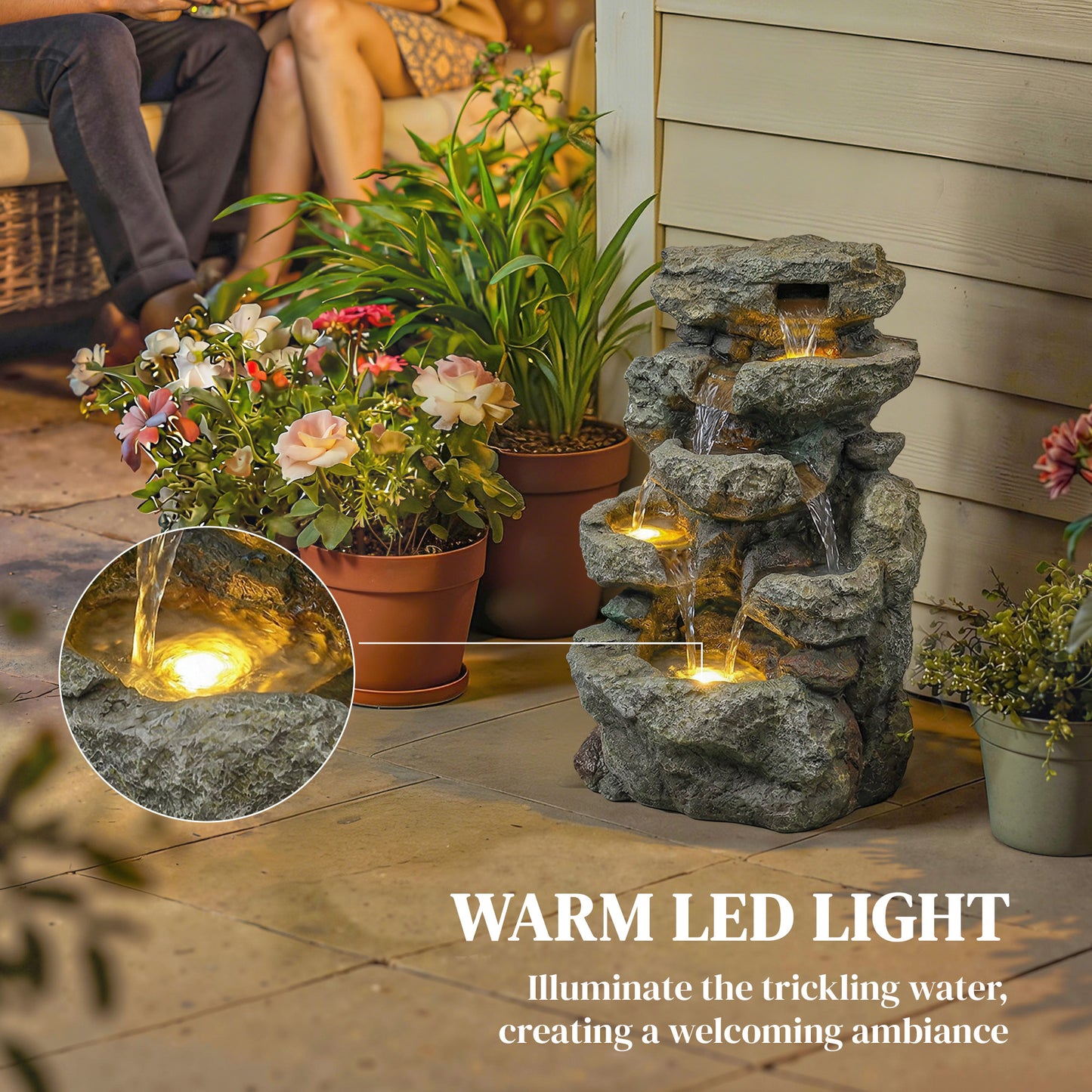 Outsunny Outdoor Fountain With 6 Tier Rock Design Waterfall Feature LED Lights Resin Freestanding Garden Fountain Grey