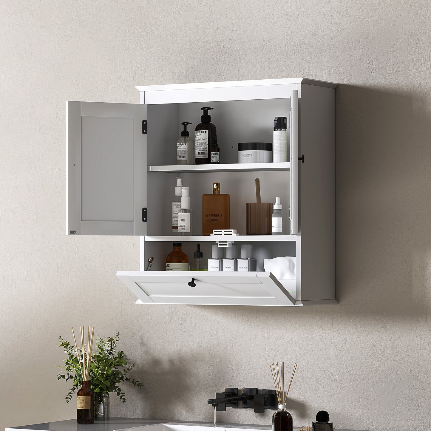 HOMCOM White Wall Mounted Bathroom Cabinet With Adjustable Shelf And Recessed Doors Three Compartments