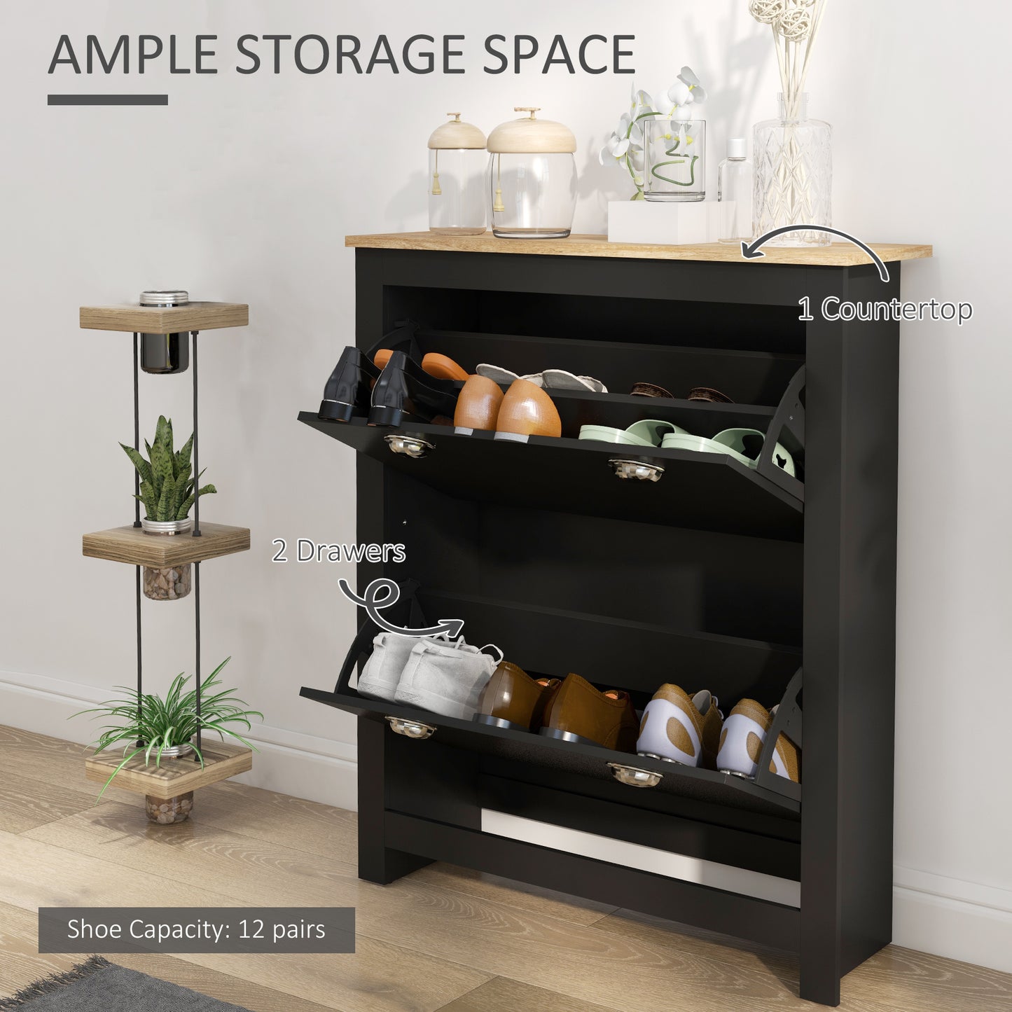 Homcom 2 Drawer Shoe Cabinet Modern Narrow Hallway Cupboard With Flip Doors Adjustable Shelves For 6 To 12 Pairs Black