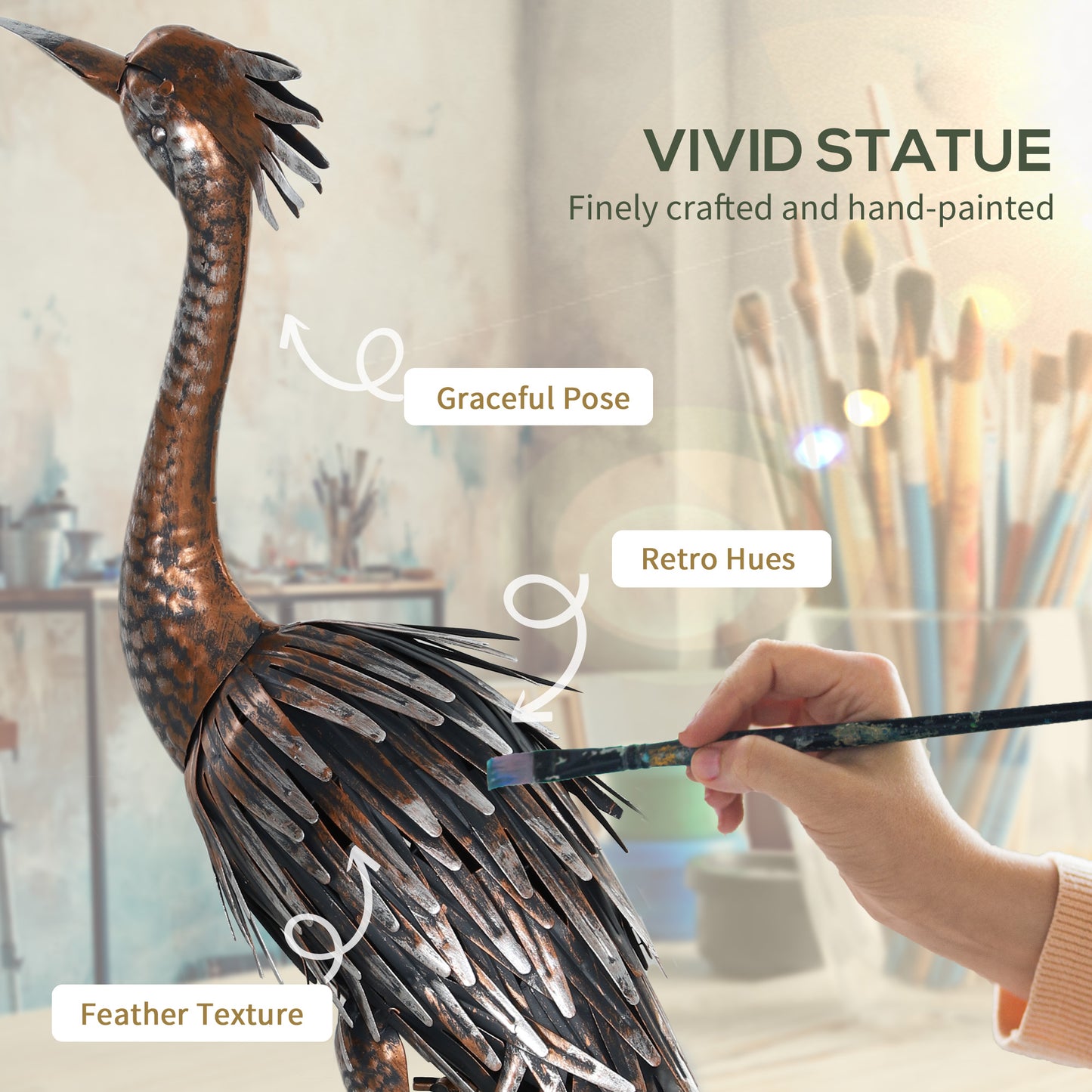 Outsunny Heron Garden Statue With Stakes Standing Metal Ornament For Patio Pond Landscape Decoration Silver Tone