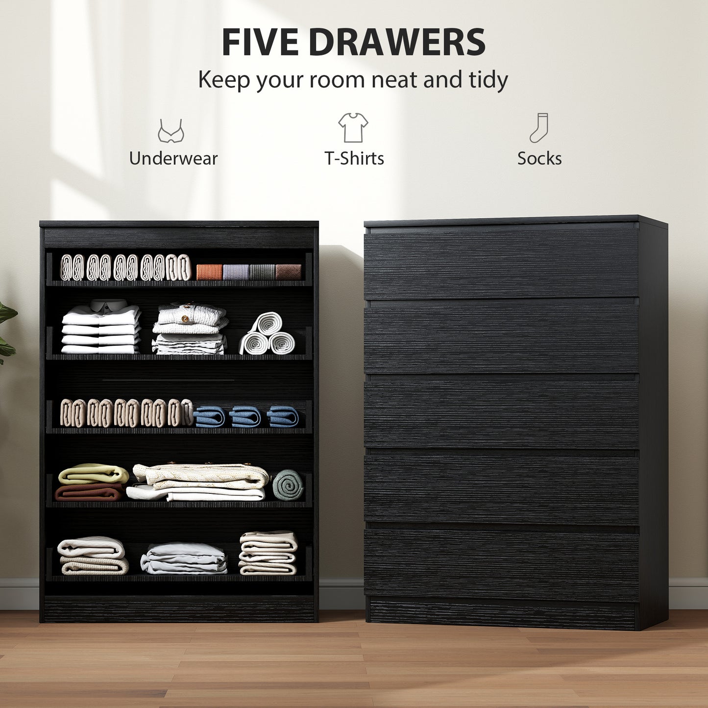 HOMCOM 5 Drawer Chest Of Drawers Modern Black Dresser With Anti Tip Device No Handle Rails For Bedroom Living Room