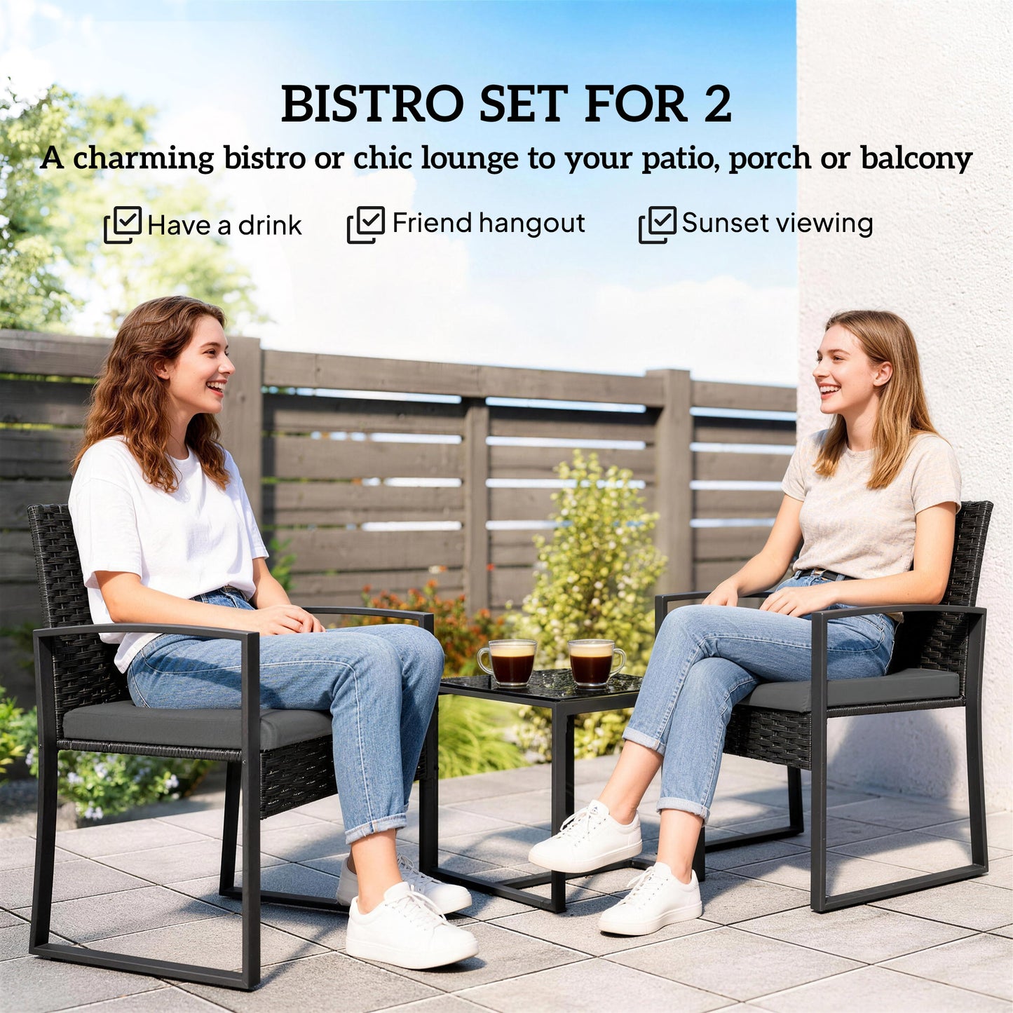 Outsunny Rattan Bistro Set 3 Piece Garden Furniture All Weather PE Rattan Glass Top Table Cushions Dark Grey
