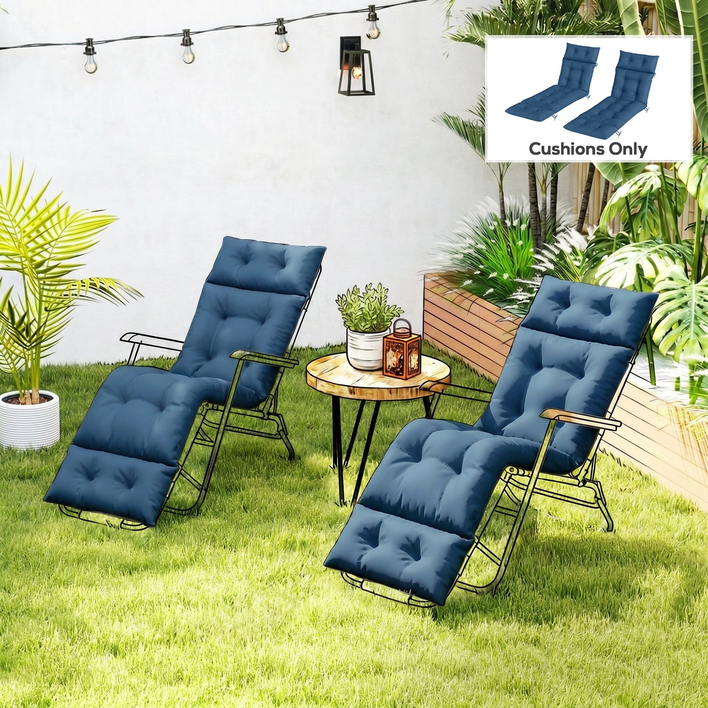 Outsunny Set of Two 190 by 56 cm Sun Lounger Cushions Navy Blue for Outdoor Recliner