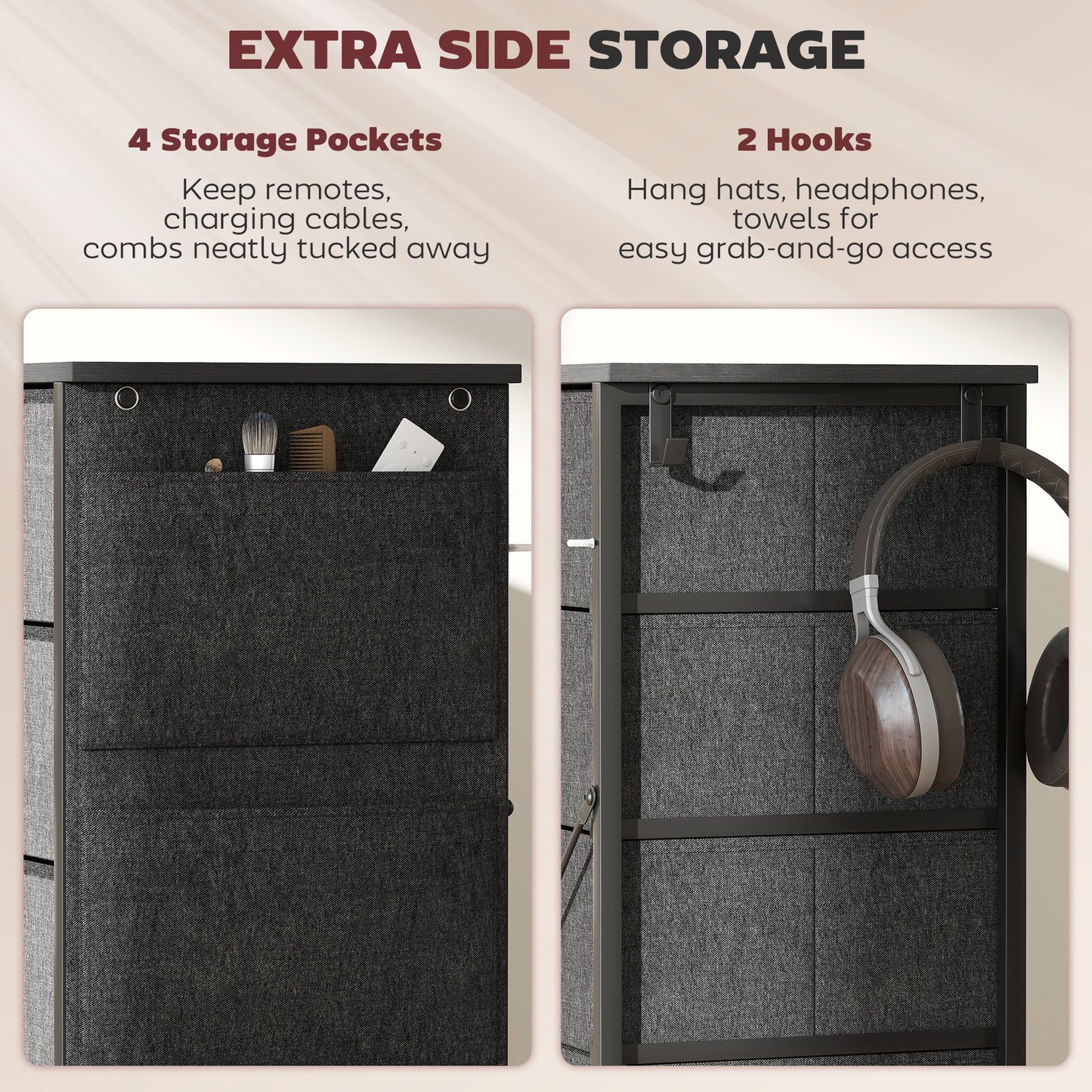 HOMCOM Chest Of Ten Fabric Drawers Charcoal Grey With Six Small And Four Large Drawers Four Side Pockets And Two Hooks