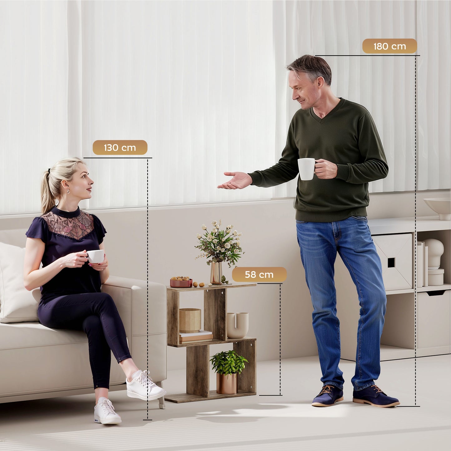 HOMCOM Narrow End Table With Storage Shelves S Shaped 3 Tier Oak Finish 50W X 19.5D X 58H Cm