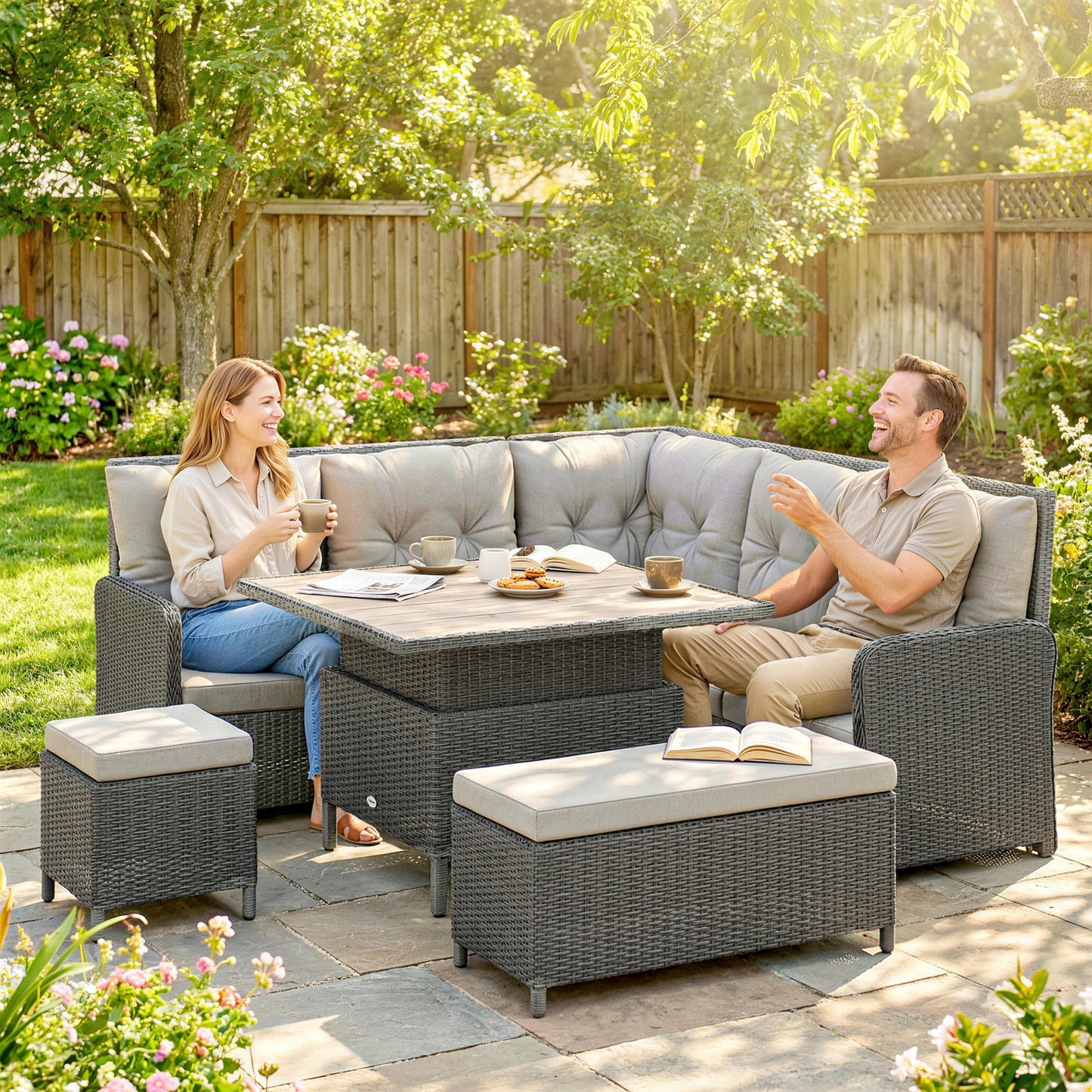 Outsunny Six Piece Outdoor PE Rattan Patio Furniture Set With Corner Sofa And Wicker Lounge Conversation Set