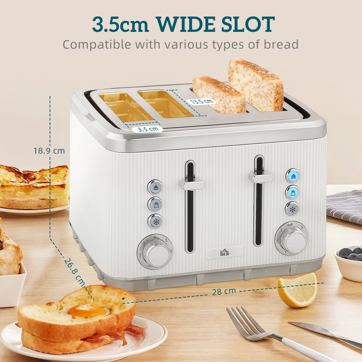 HOMCOM Kettle And Toaster Set 3000W 1.7L UK Strix Thermostat Limescale Filter 4 Slice Toaster 7 Browning Levels White