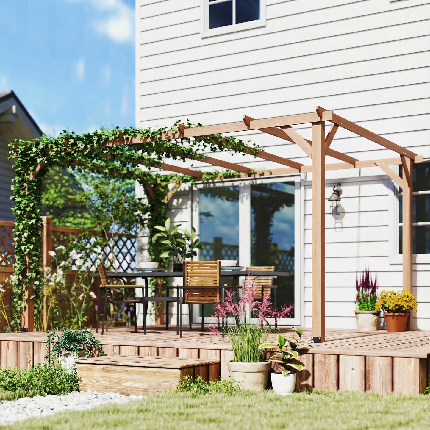 Outsunny 4x3 Meter Wooden Pergola Kit for Garden Gazebo Grape Trellis with Triangle Supports 6 Beams Maple Wood Effect