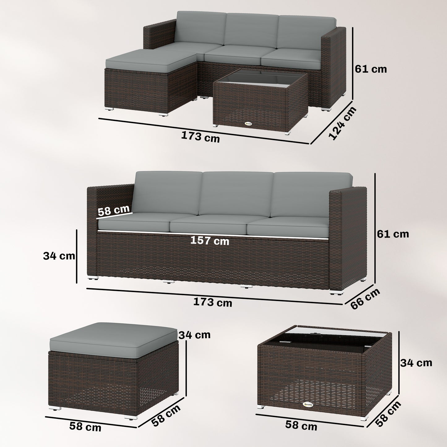 Outsunny 3 Pieces Garden Furniture Set With Cushions PE Rattan Wicker Conversation Corner Sofa Set Light Grey