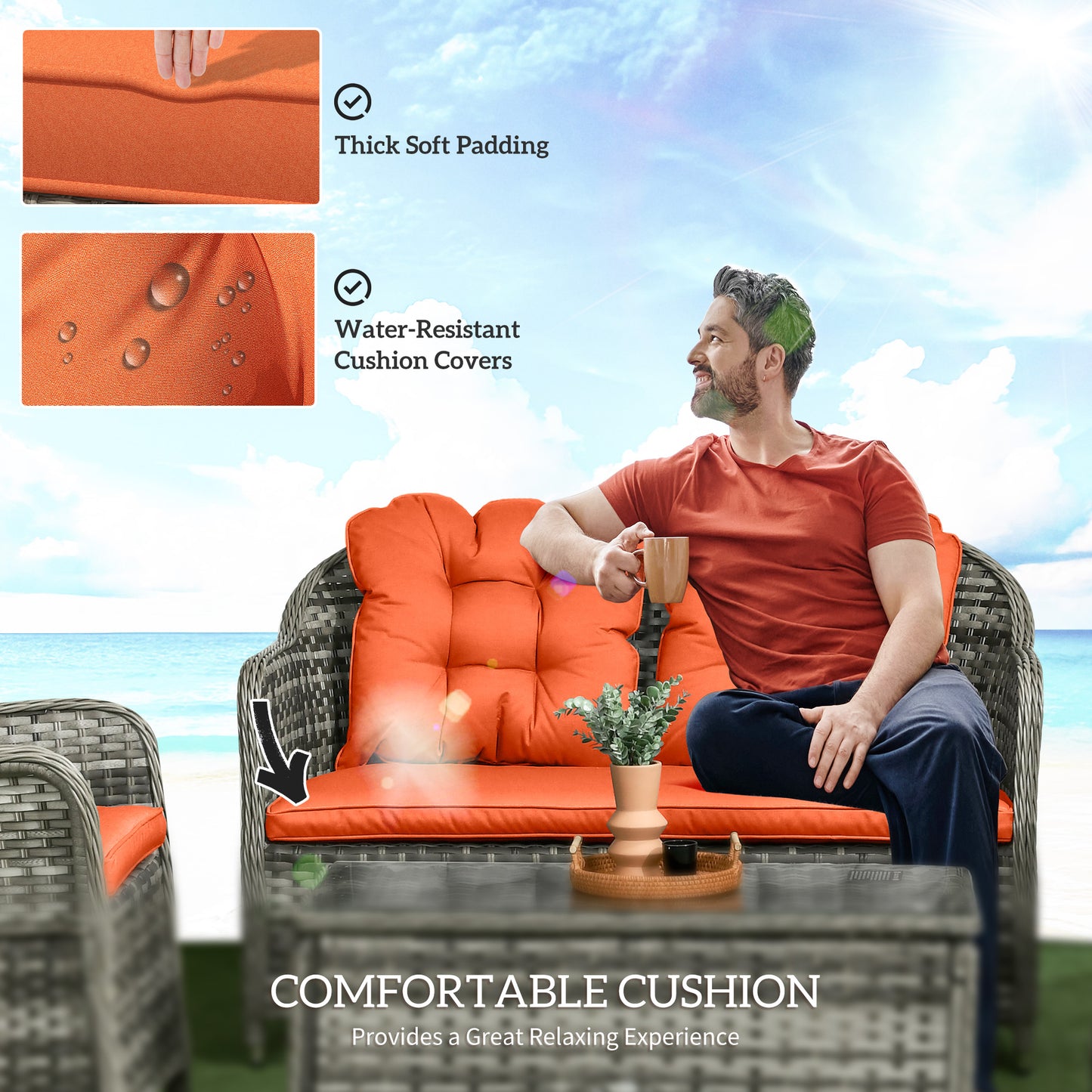 Outsunny Four Piece Rattan Sofa Set With Glass Top Table Orange Outdoor Garden Furniture