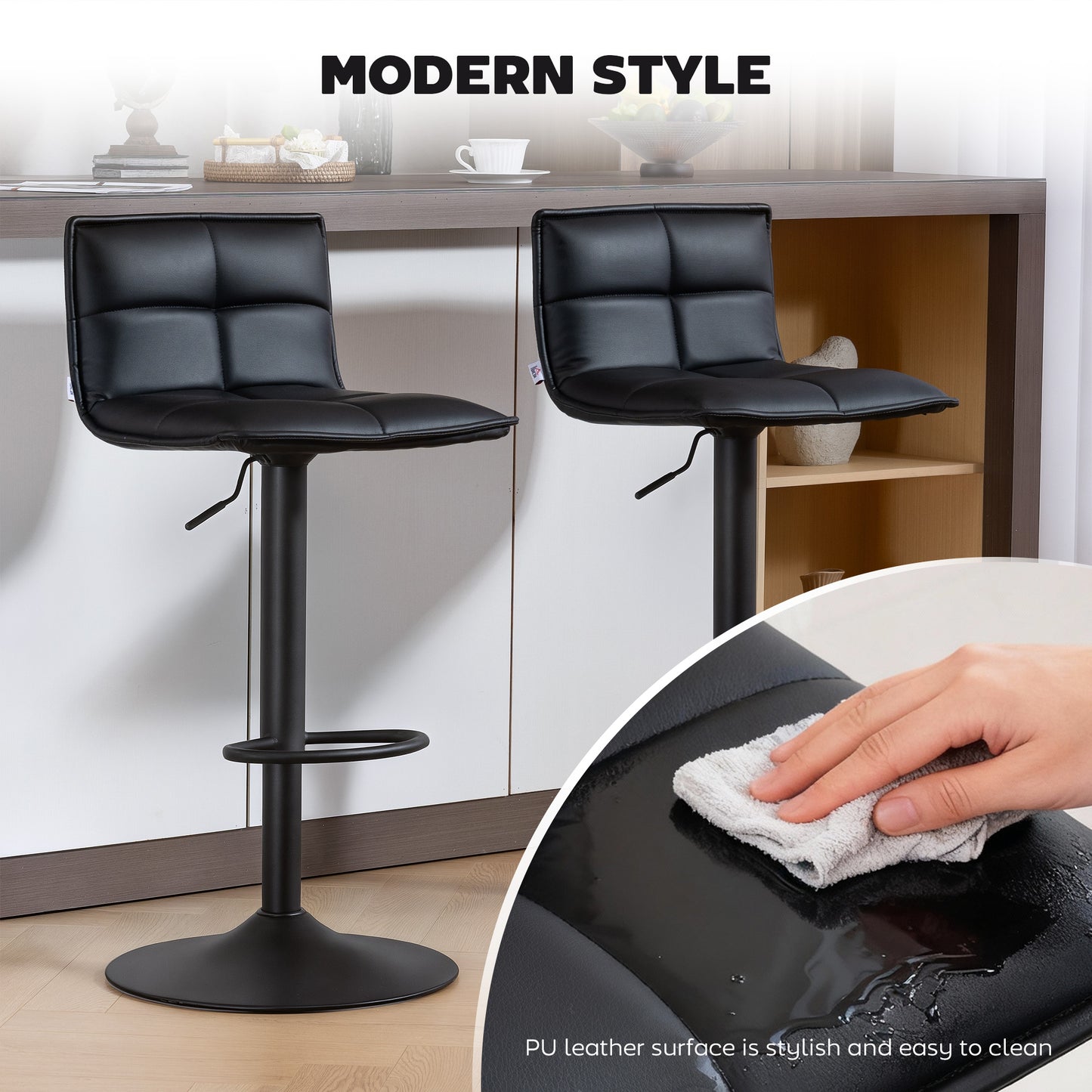 HOMCOM Set Of Two Modern Faux Leather Bar Stools With Gas Lift And 360 Degree Swivel, Adjustable Height 64-85 Cm, Black