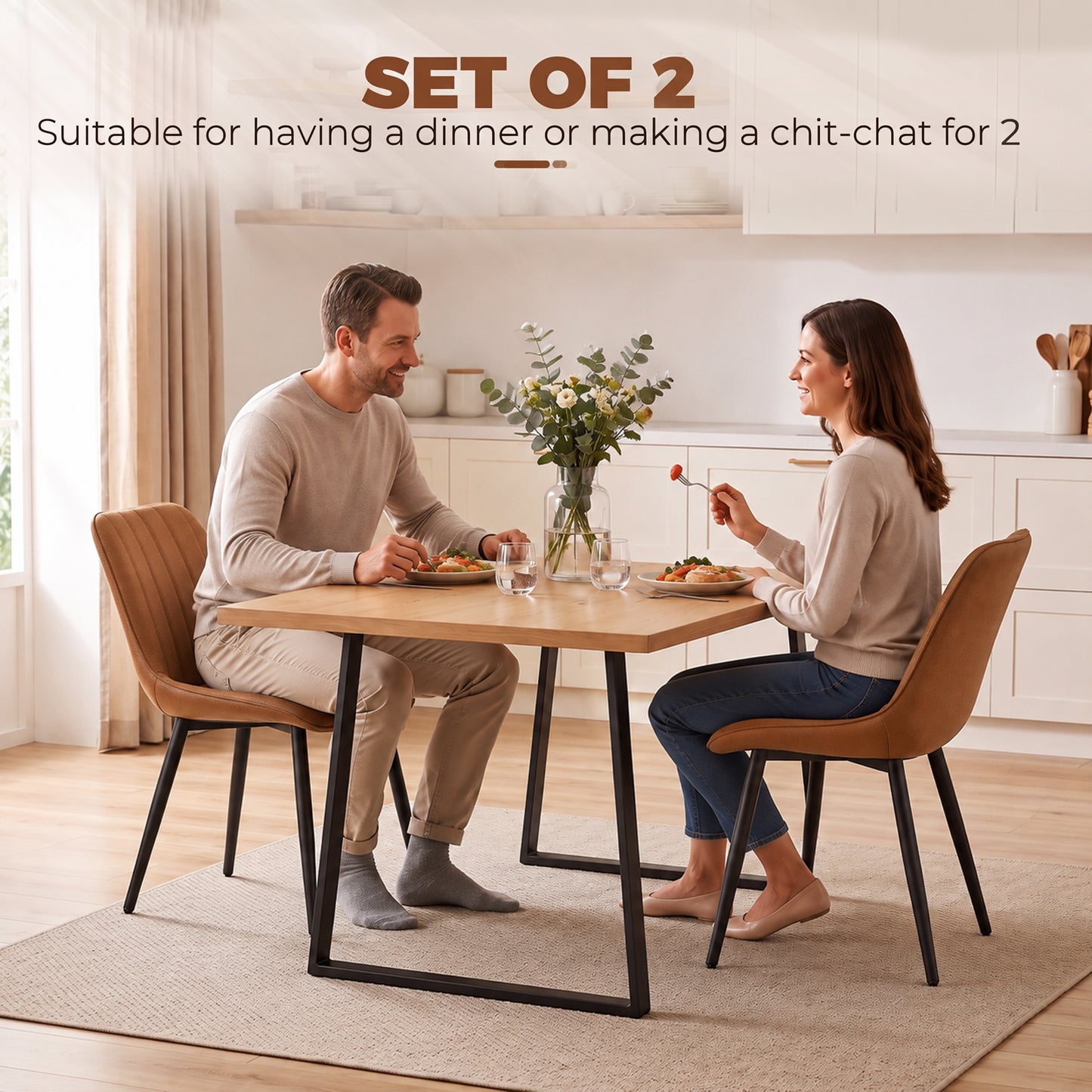 HOMCOM Faux Leather Dining Chairs Set Of 2 Comfortable Modern Kitchen Brown