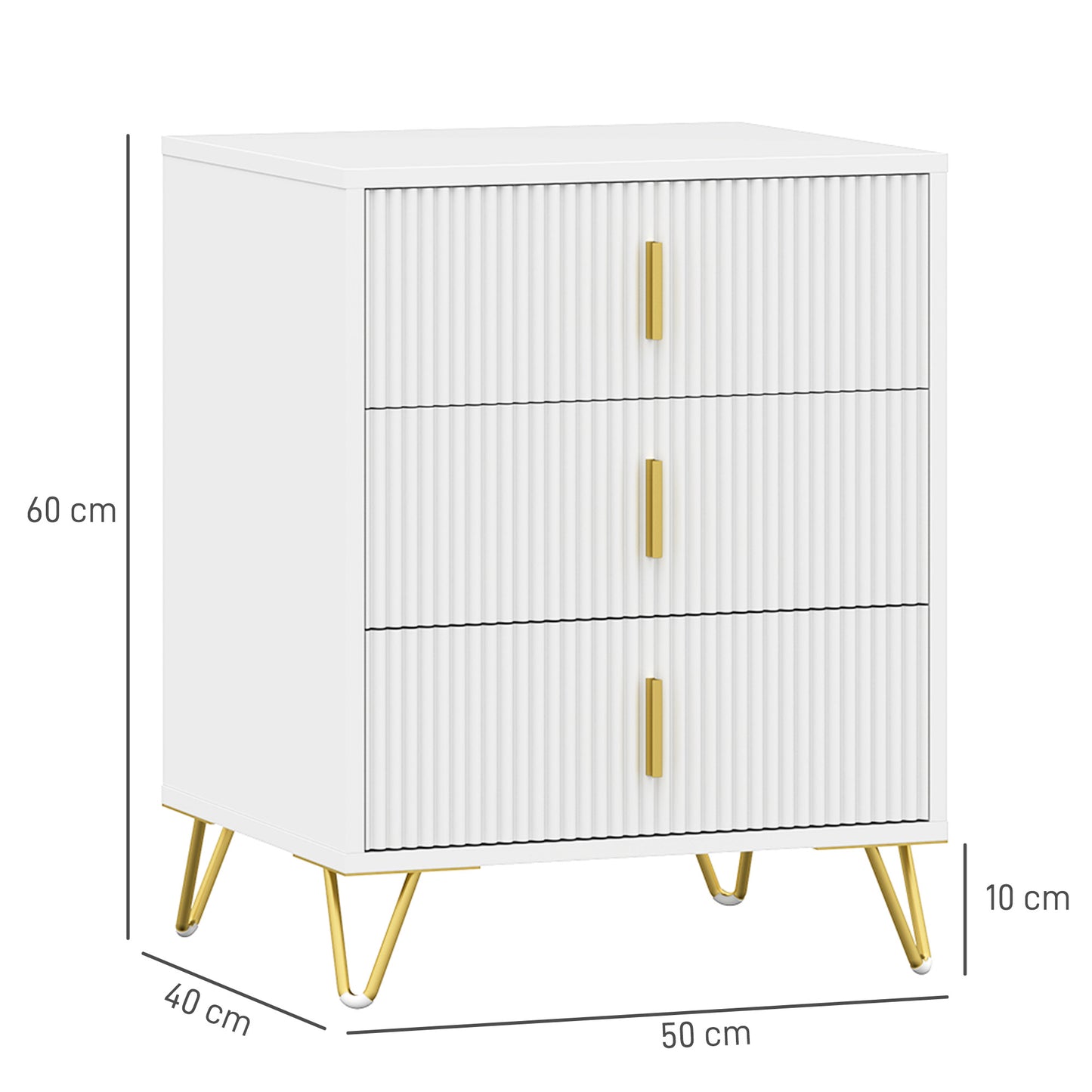 HOMCOM Set Of 2 Elegant Chest Of Drawers White And Gold Tone Ridged Fronts Hairpin Legs