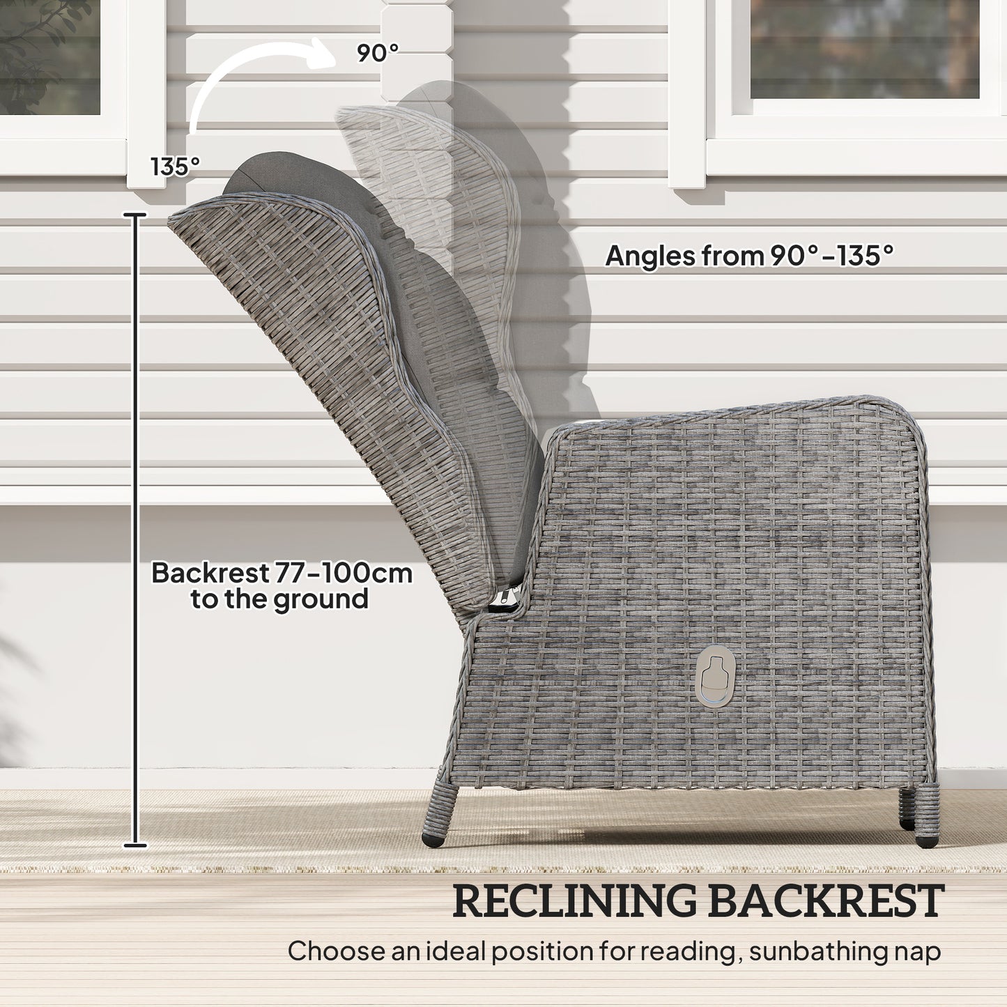 Outsunny 5 Piece Rattan Bistro Set Adjustable Back Reclining Wicker With Cushions Glass Top Table Light Grey