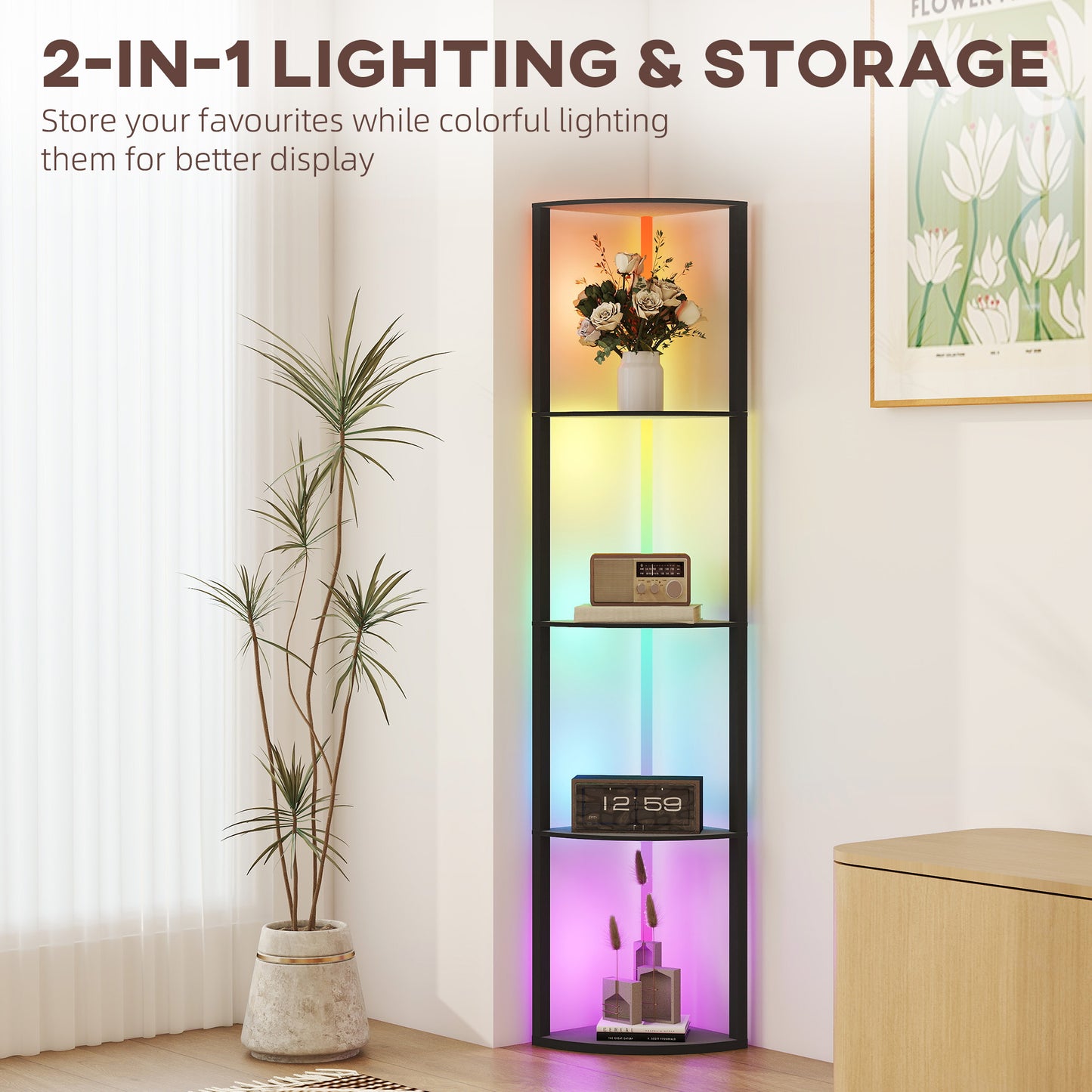 HOMCOM RGB LED Floor Lamp With Shelves 4 Tier Dimmable Standing Lamp With Remote Control Black