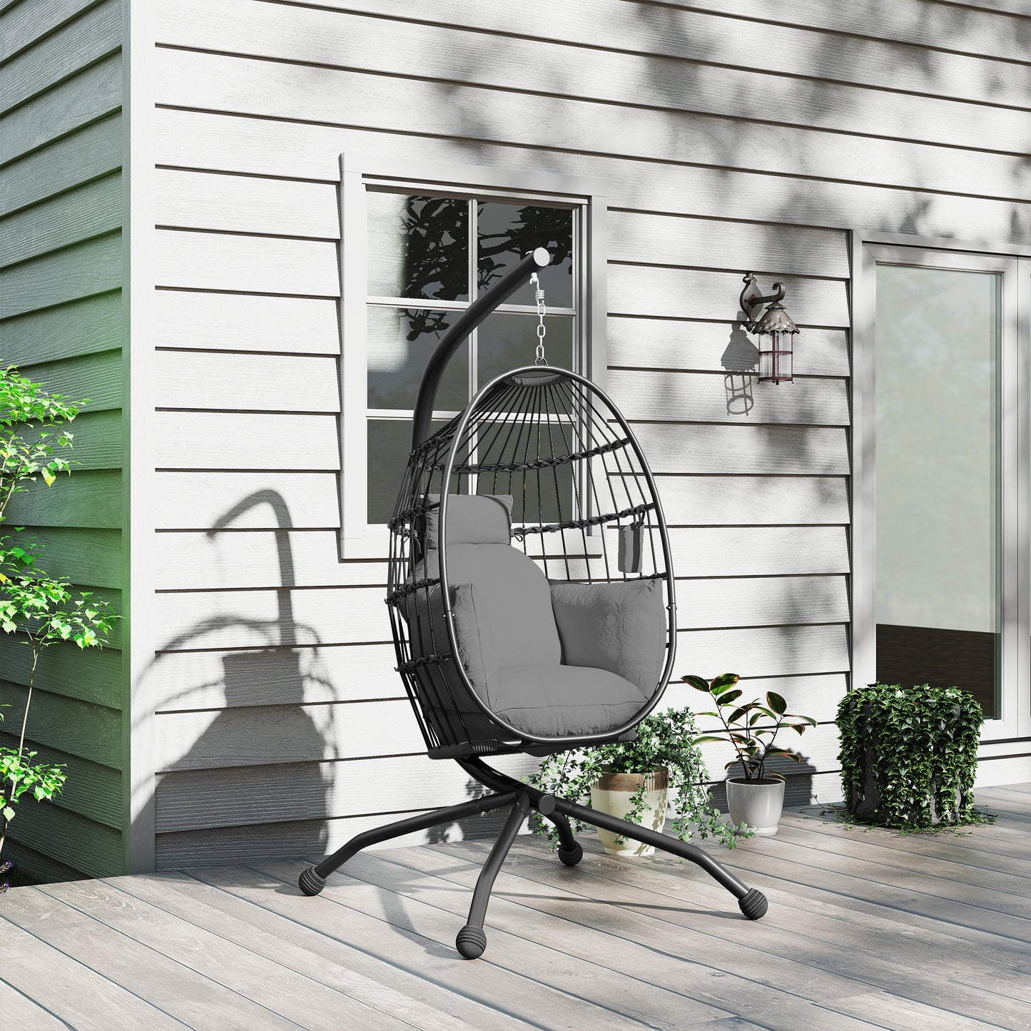 Outsunny Hanging Egg Chair With Stand For Patio Balcony Outdoor Garden Swing Thick Cushion Cup Holder Headrest Dark Grey