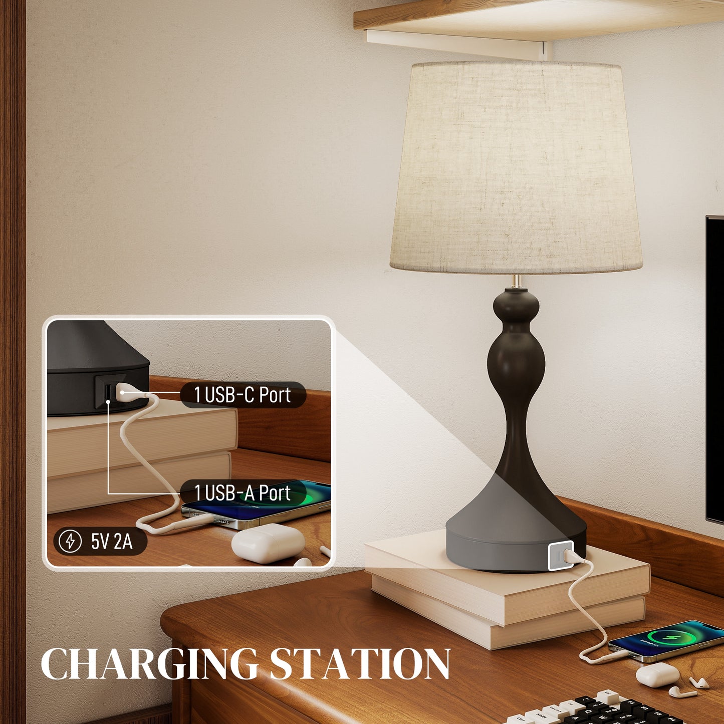 HOMCOM Set Of Two USB Ports Table Lamps With Three Colour Temperature LEDs Black And Beige