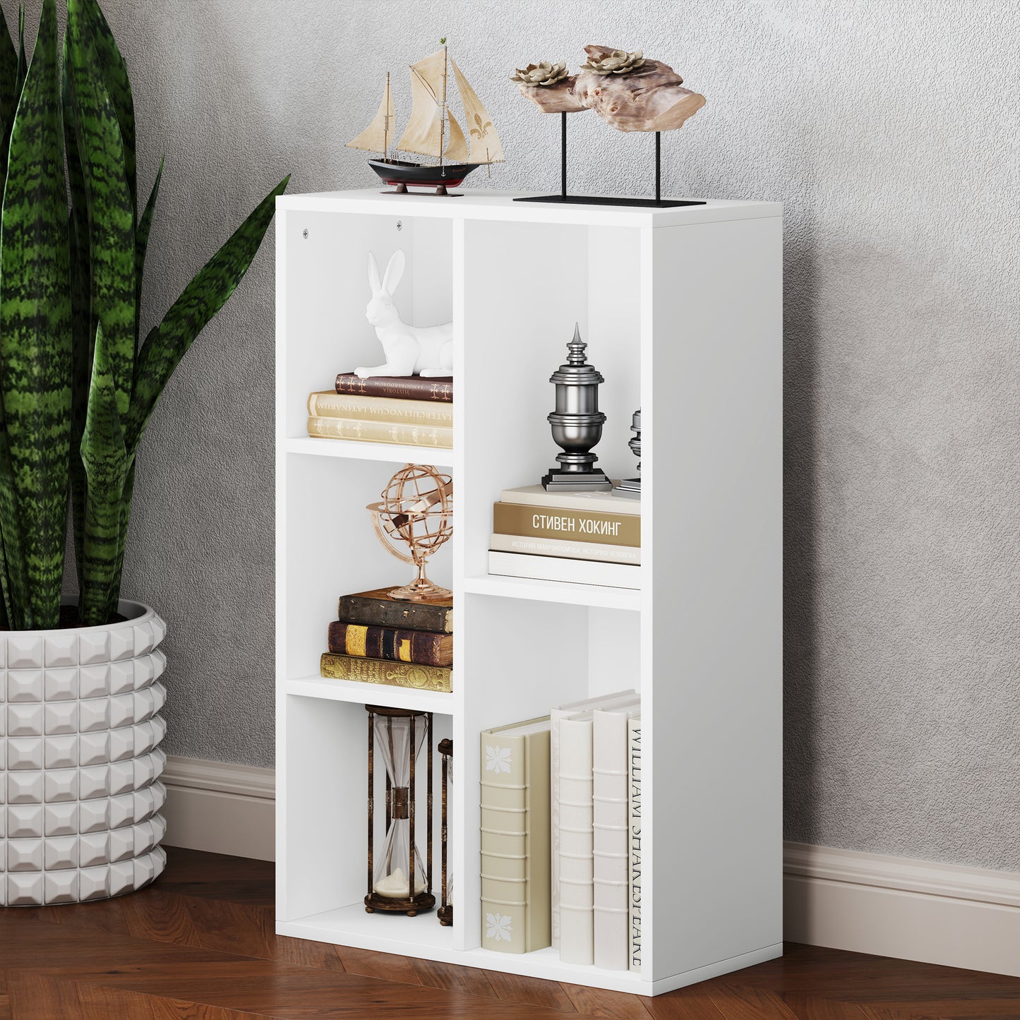 HOMCOM Two Tier Bookshelf With Five Compartments White Modern Open Storage Shelving Unit For Living Room