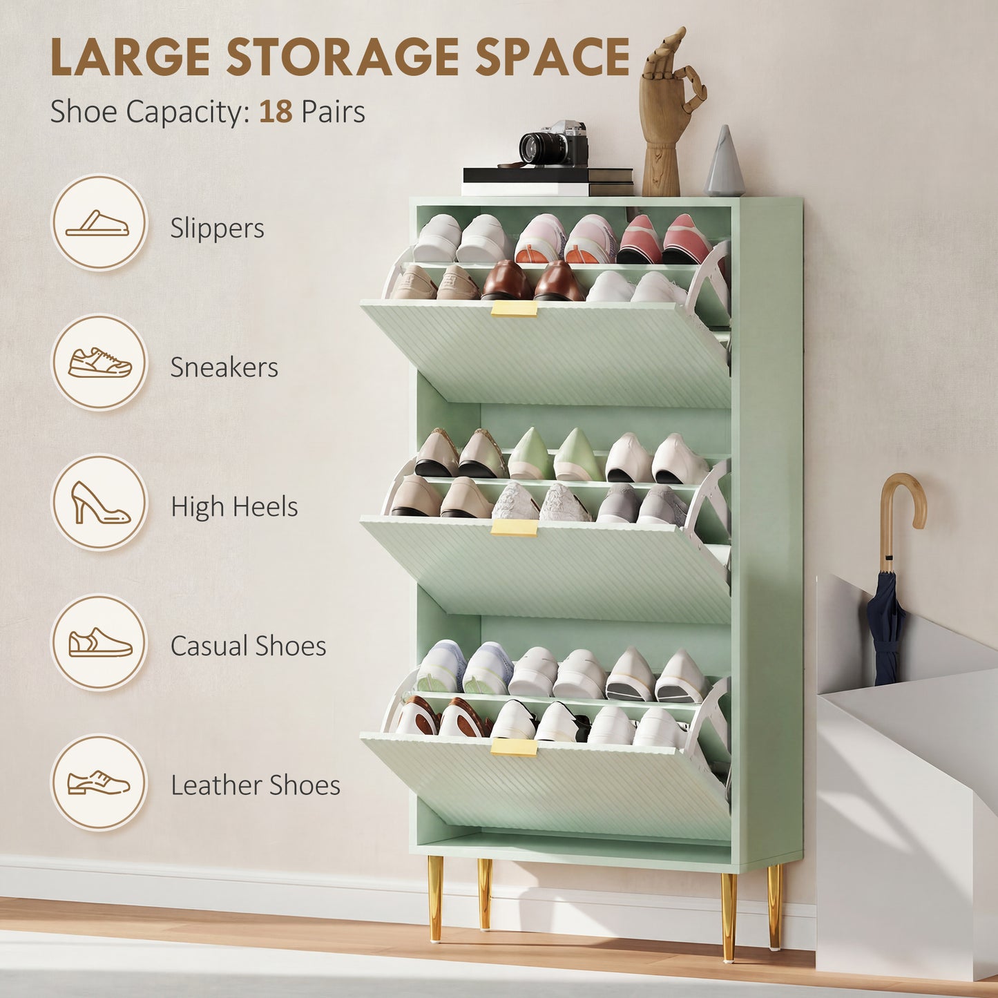 HOMCOM Elegant Three Drawer Shoe Cabinet Light Green With Ridged Front Doors And Gold Tone Details