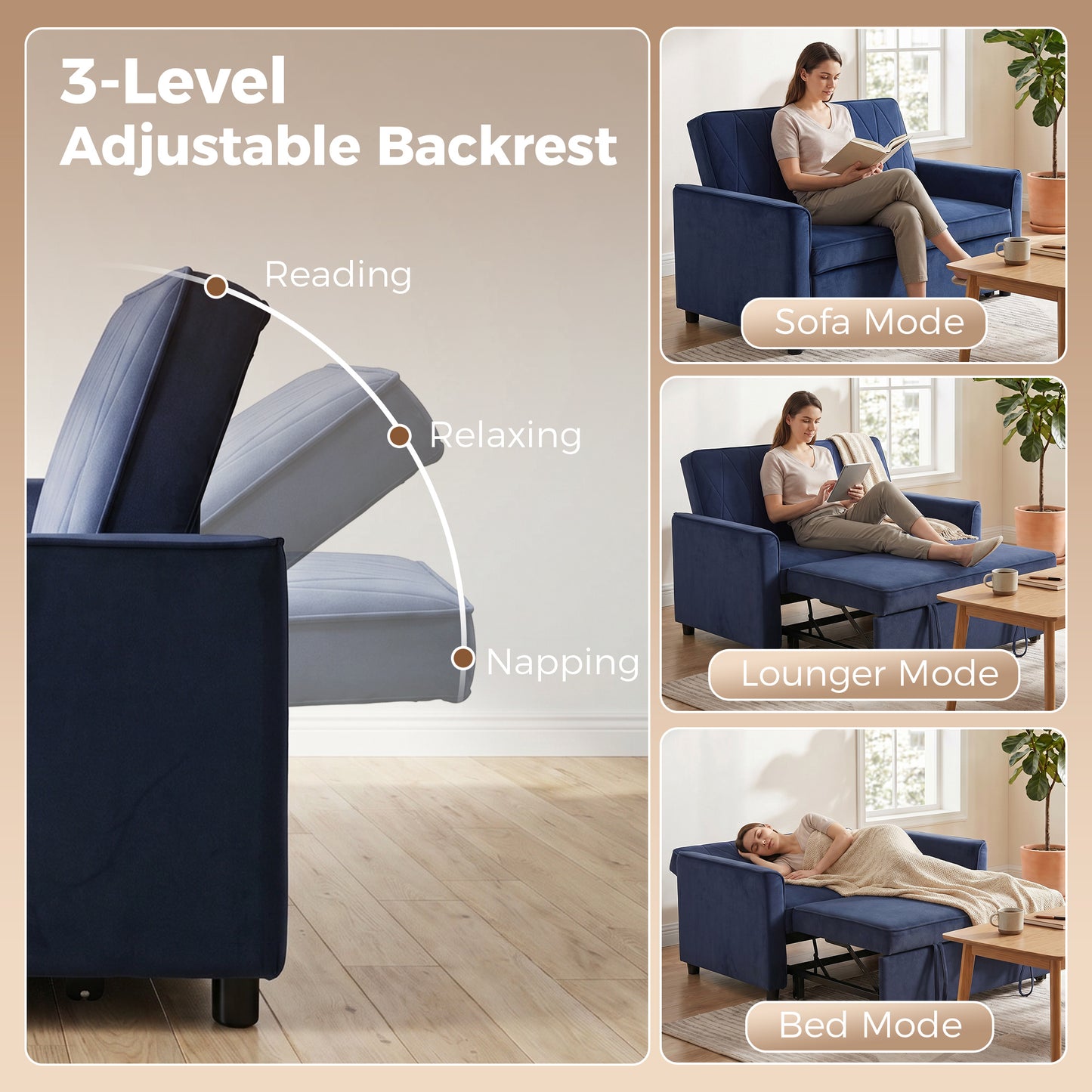 HOMCOM 2 Seater Sofa Bed 3 In 1 Convertible Pull Out Sleeper Sofa With Clik Clack Adjustable Backrest Dark Blue Velvet