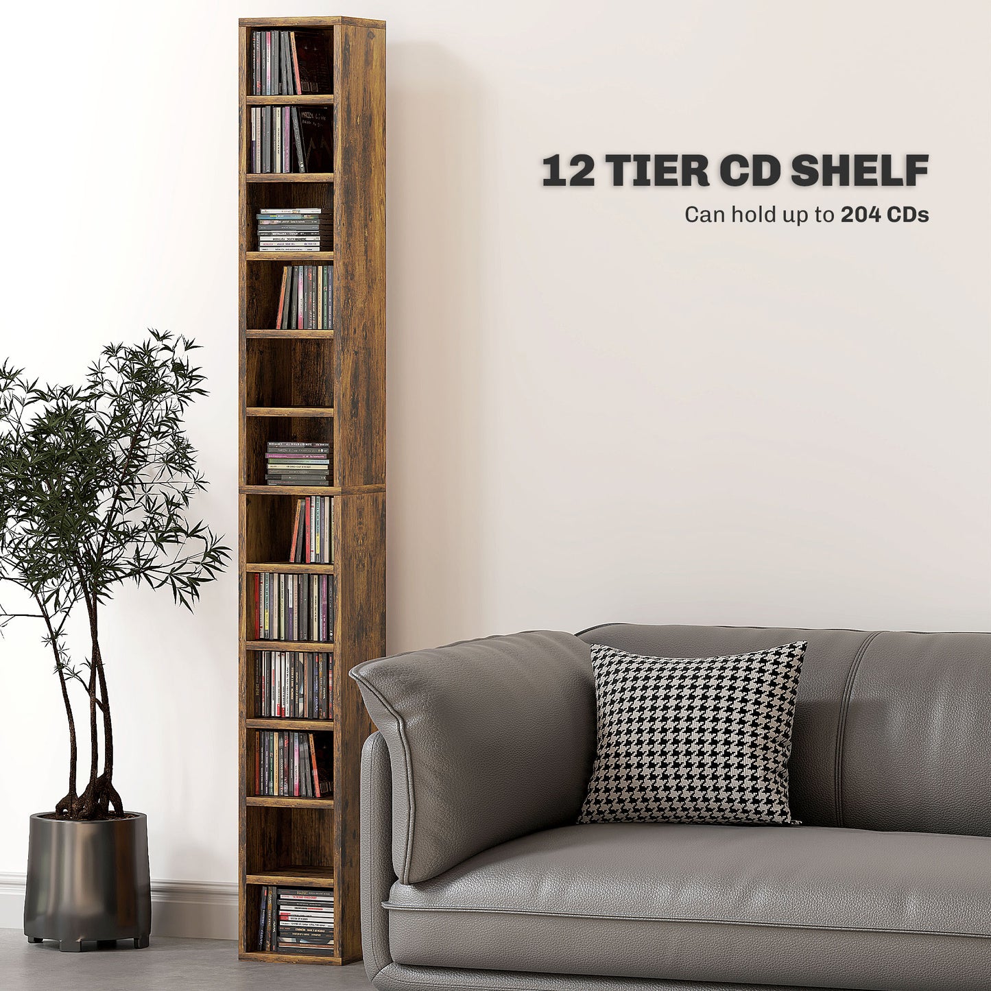 HOMCOM 12 Tier CD Storage Tower Tall Narrow Rustic Brown Media Organizer Anti tipping Design Holds 204 CDs