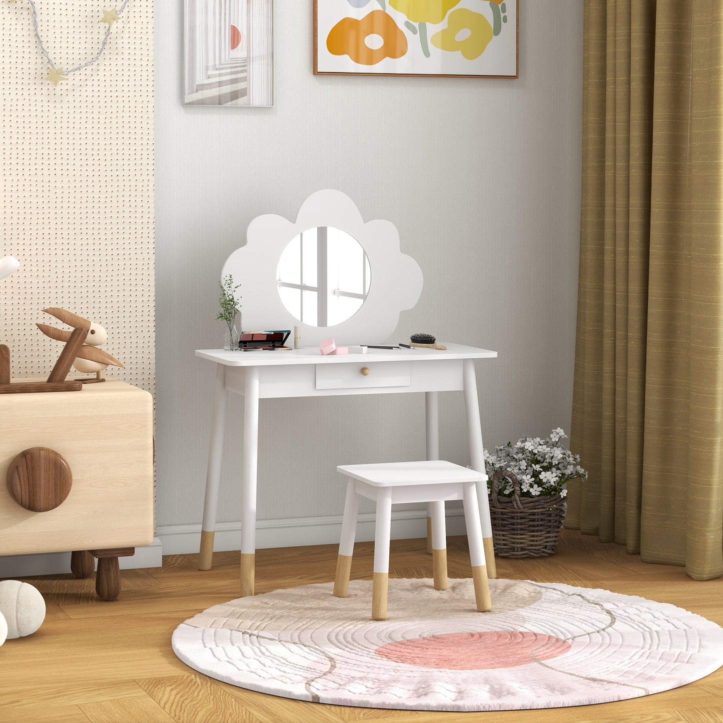 AIYAPLAY Kids Dressing Table Set With Mirror And Stool Drawer Cloud Design White