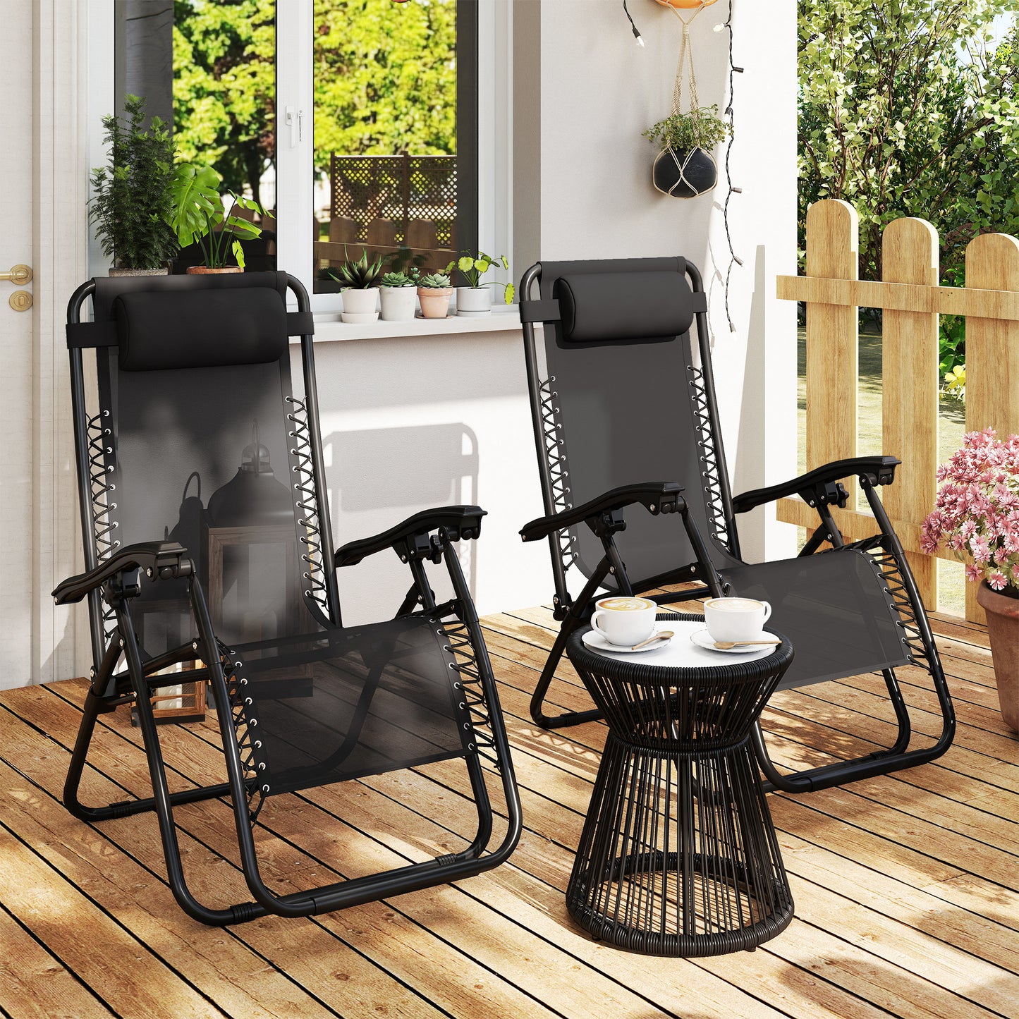 Outsunny Zero Gravity Chair Set of 2 with Metal Frame Texteline Chairs Folding and Reclining Loungers Head Pillow Black