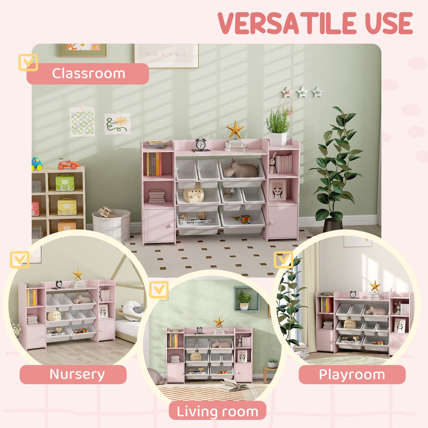 AIYAPLAY Kids Toy Organizers And Storage With 8 Removable Bins And Bookshelf Pink