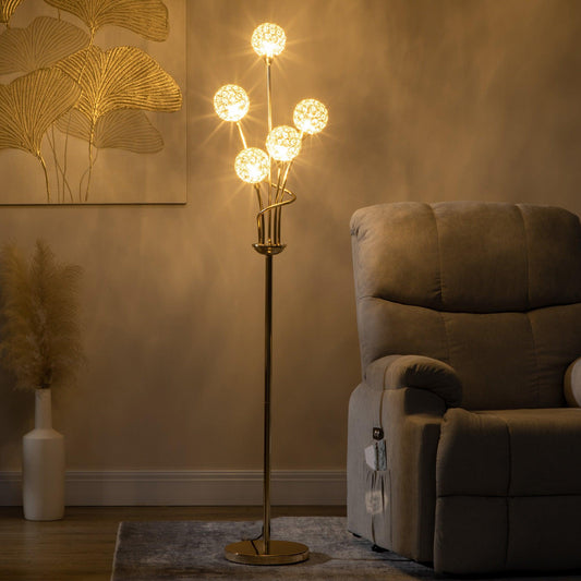 HOMCOM Modern Crystal Floor Lamp, 5-Light, 34x25x156cm, Gold Tone