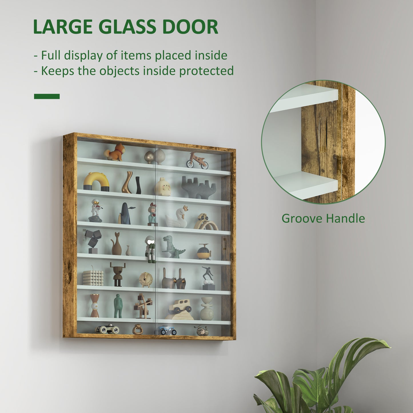 HOMCOM Six Shelf Wall Display Cabinet With Glass Doors In Brown Ideal For Display And Storage