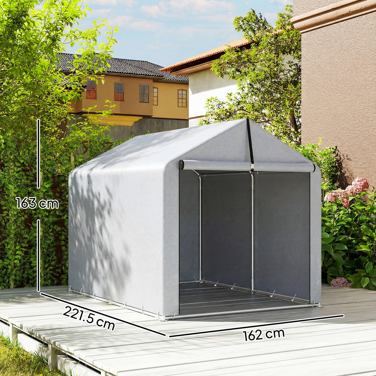 Waterproof garden shed with zipper door and steel frame, gray fabric cover