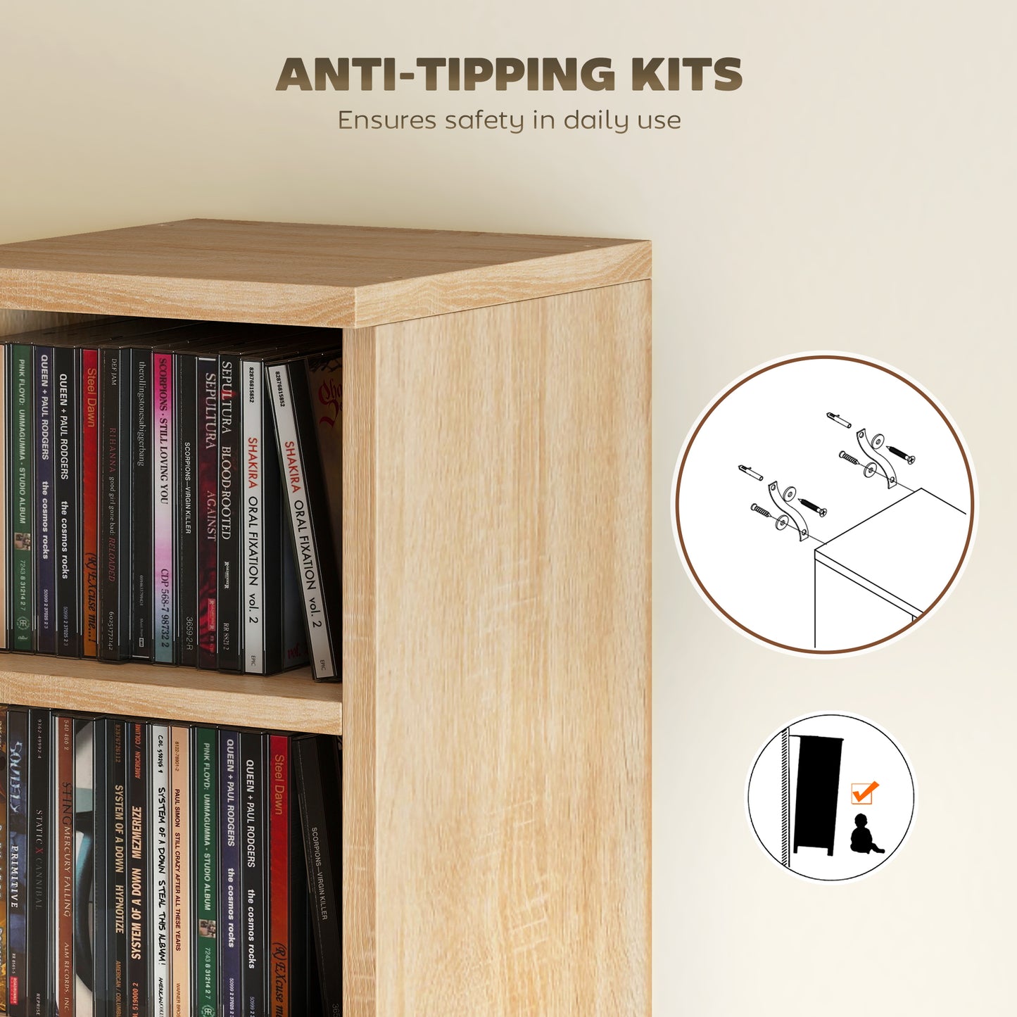 HOMCOM Set Of 2 CD Media Display Shelf Unit Tower Racks With Adjustable Shelves Oak Finish