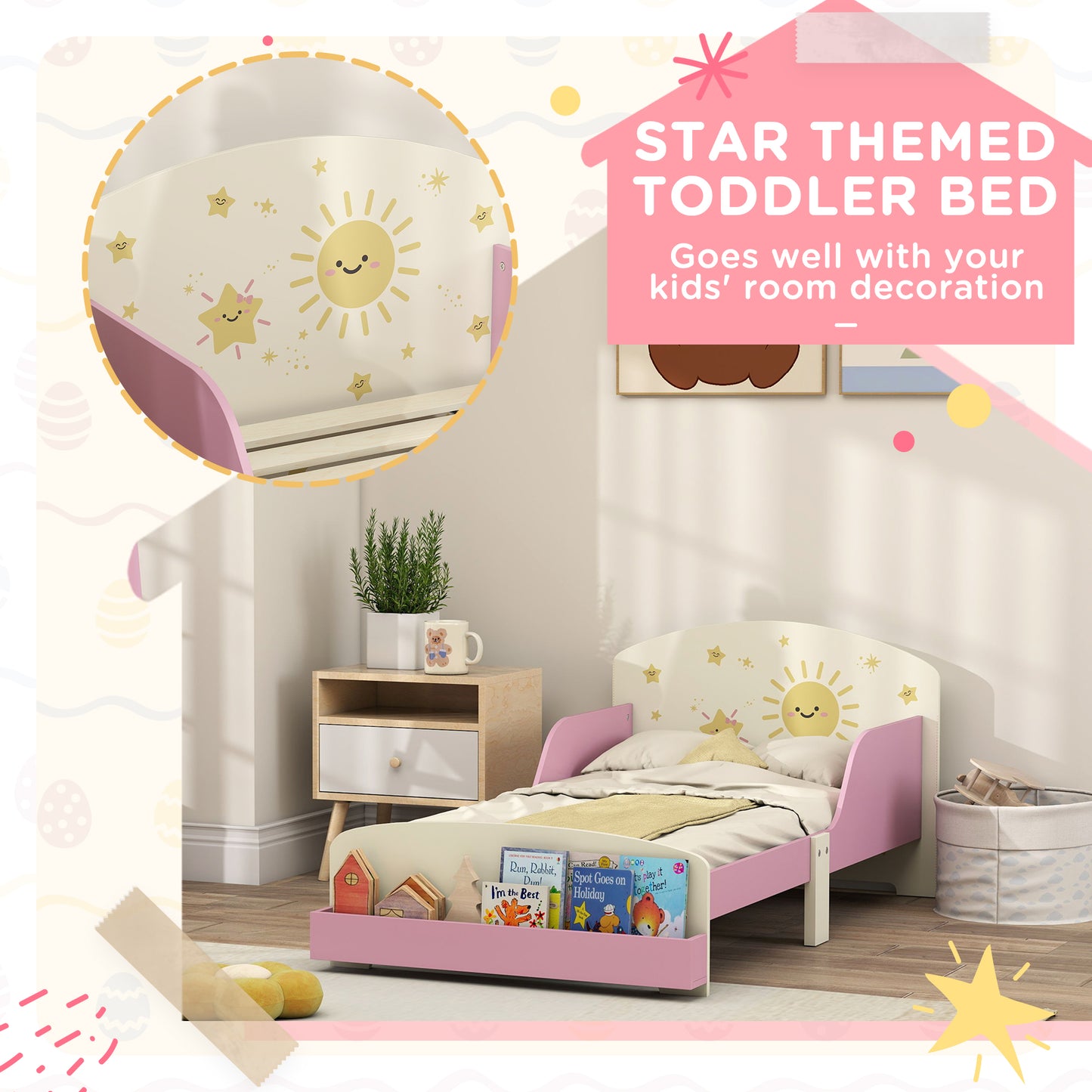 AIYAPLAY Toddler Bed With Storage And Guardrails Sun Design Fits 140 x 70cm Mattress For Ages 3-8