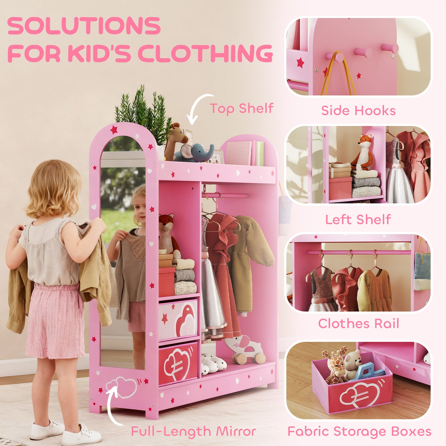 AIYAPLAY Kids Clothes Rail Wardrobe With Mirror Shelves Top Shelf Two Storage Boxes Hooks For Bedroom Nursery Pink
