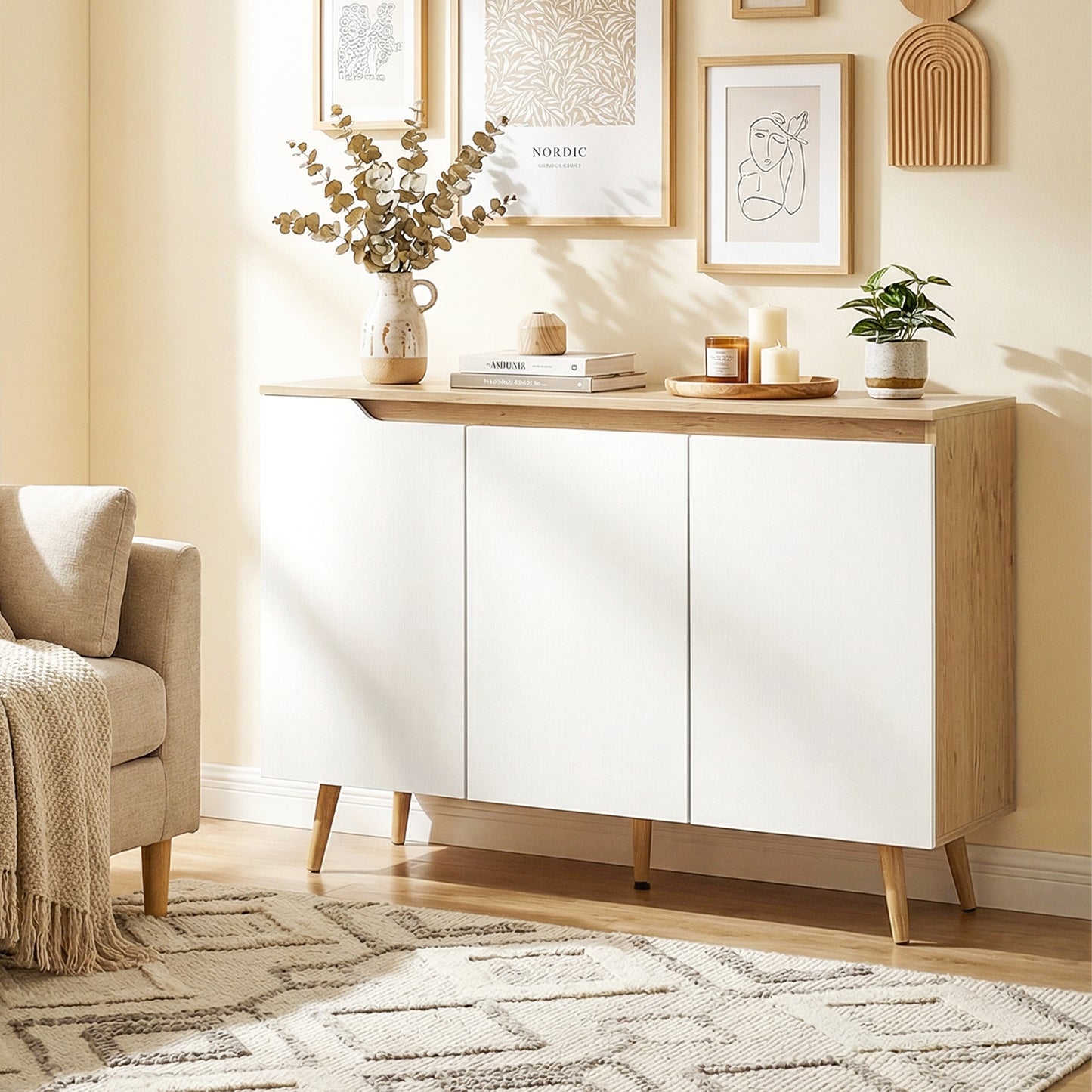 HOMCOM Sideboard Storage Cabinet Kitchen Cupboard With Three Doors And Two Adjustable Shelves White And Oak Finish
