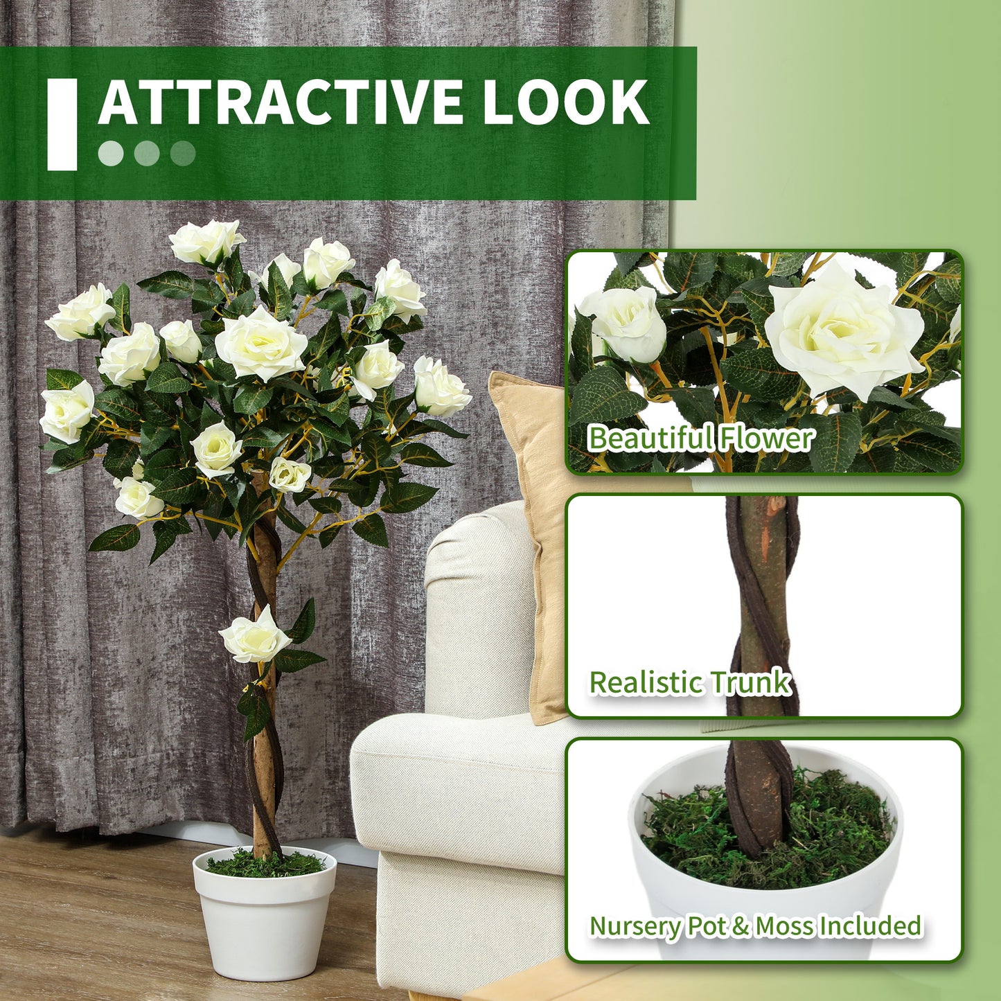 Outsunny Set Of Two Faux Rose Trees In White For Indoor Decor Realistic Artificial Roses