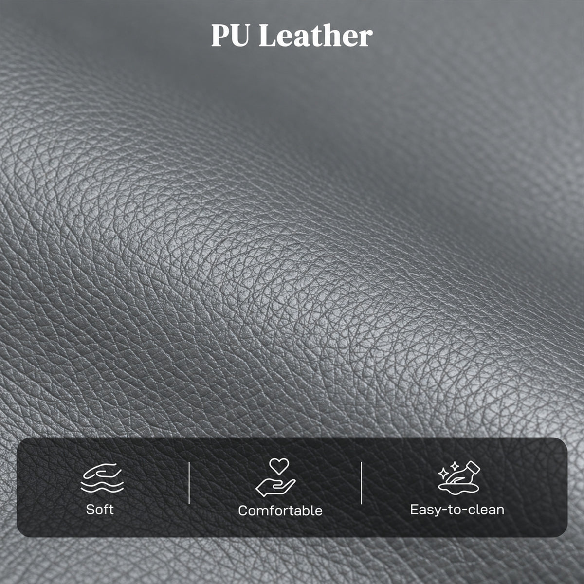 Grey PU leather upholstery close-up with textured finish and comfort feature icons