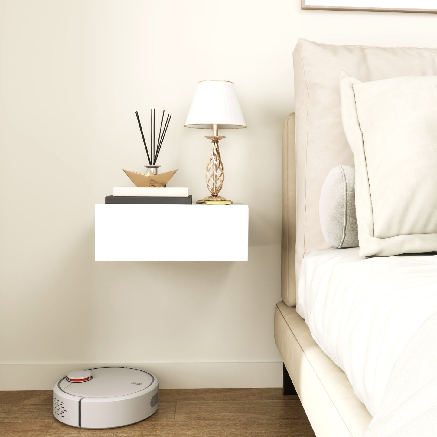 HOMCOM Floating Bedside Table Set Of 2 White Wall Mounted Nightstands With Storage Drawers