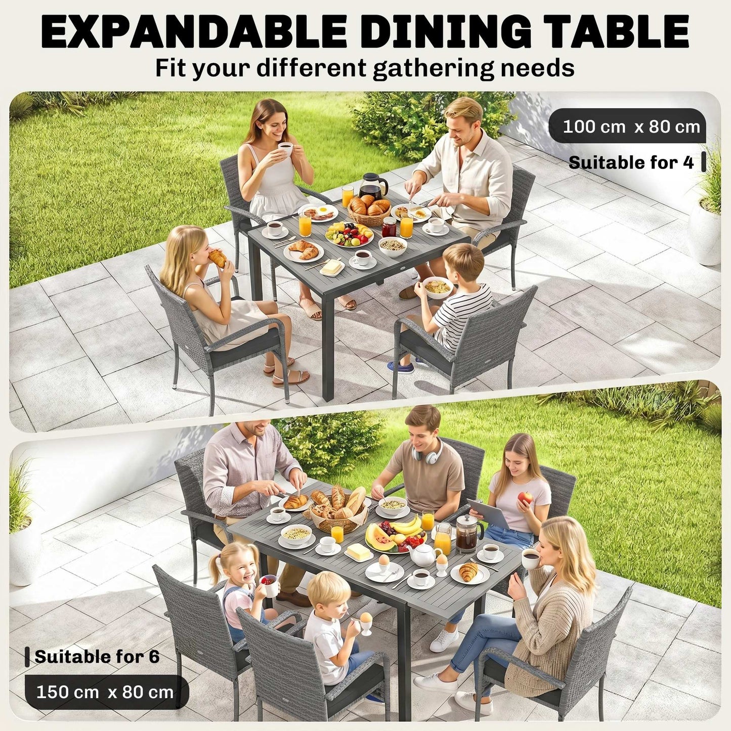 Outsunny 7 Piece Rattan Garden Furniture Set With Extendable Acacia Wood Tabletop 6 Seater Dining And Stackable Chairs
